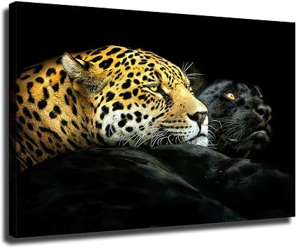 Natural Animal Poster Black Panther and Leopard Wall Art Canvas Painting Picture Print Living Room Bedroom Decor Framed,2436inch