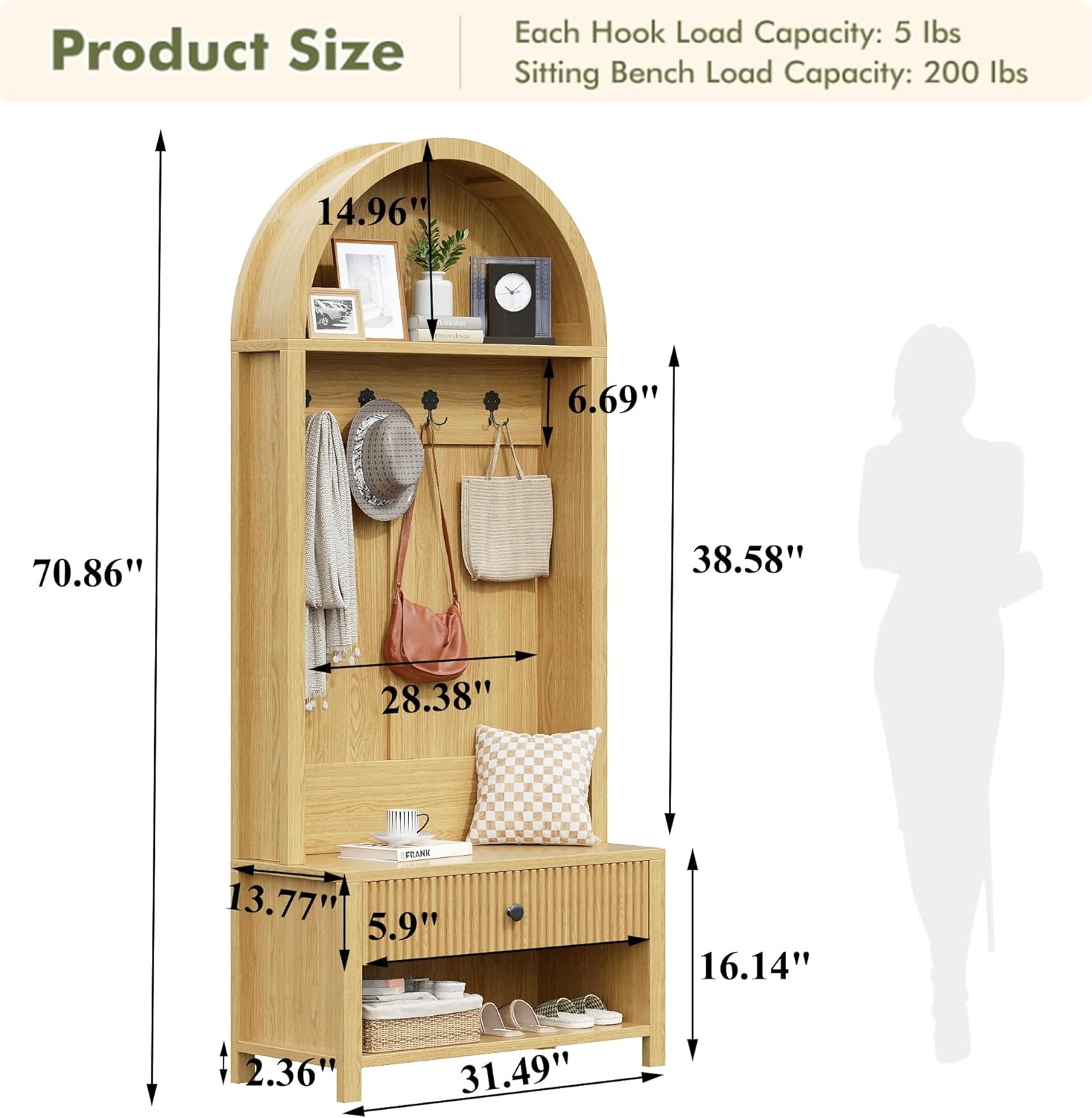 70.86" Hall Tree with Bench and Shoe Storage, Entryway Hall Tree, 4-in-1 Arch Coat Rack Freestanding with Fluted Doors, Retro Coat Tree, Furniture Organizer for Hallway, Entryway, Natural Oak