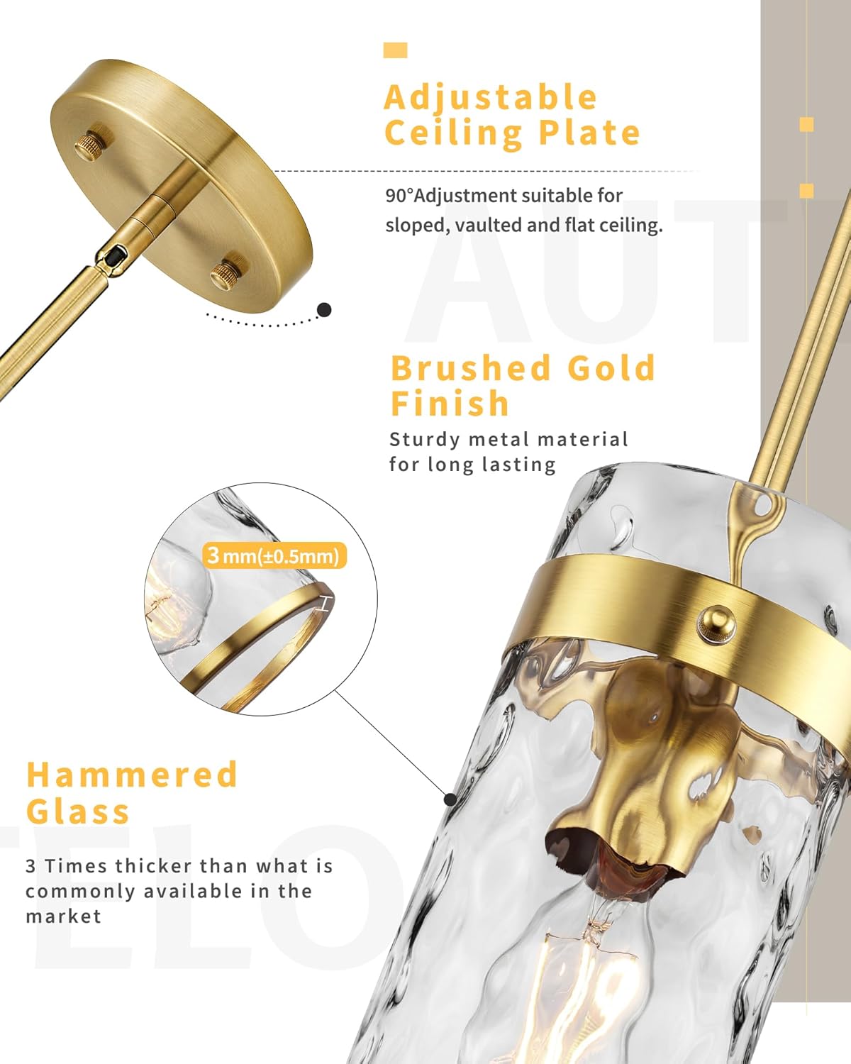 AUTELO Gold Pendant Light, 1-Light Island Pendant Lights for Kitchen with Hammered Glass, Modern Hanging Lamp with Adjustable Rods for Dining Room Bedroom Kitchen Sink, H-2529 HMBG