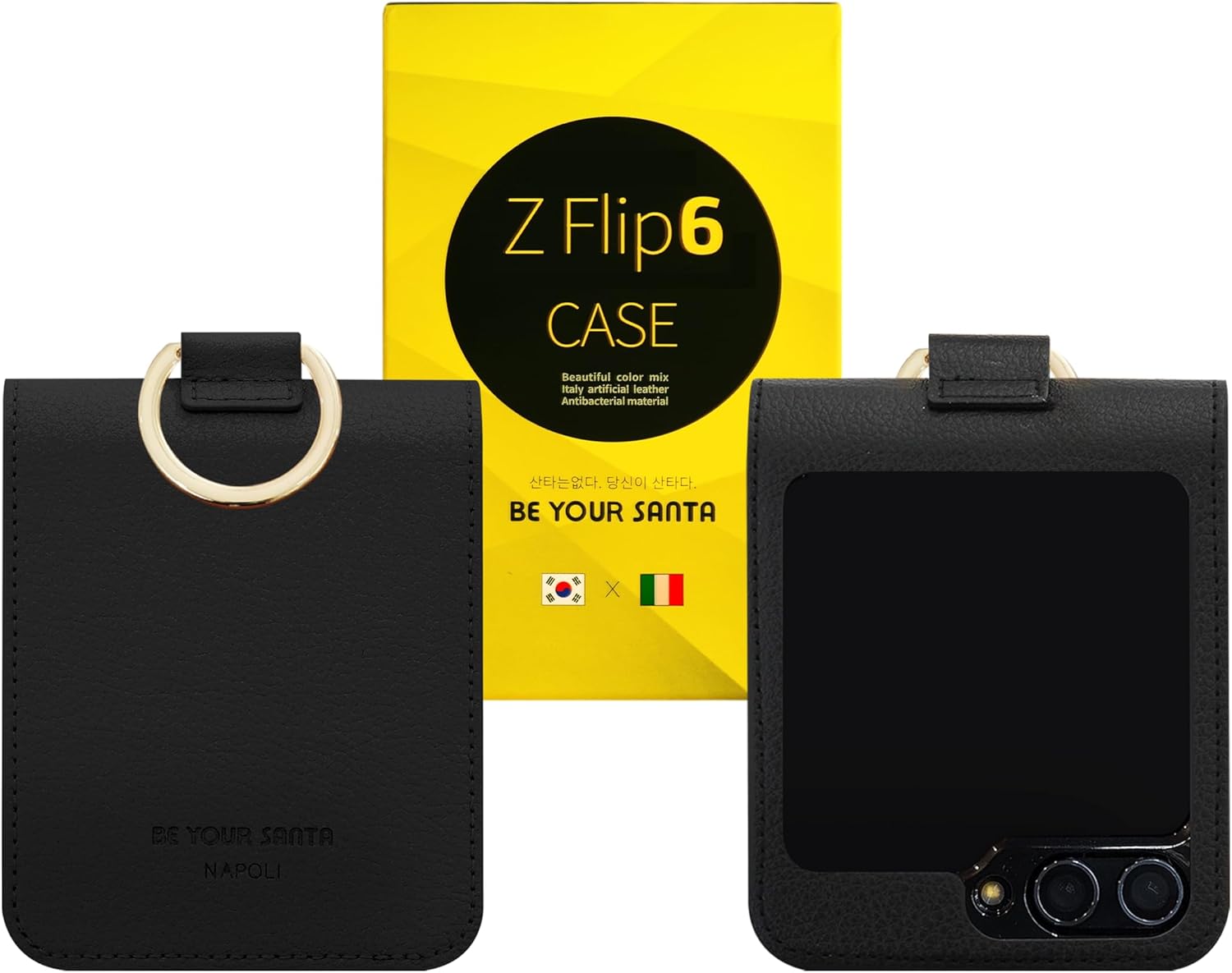 [BeYourSanta] Compatible for Galaxy Z Flip 6 case with Card Holder Wallet, Camera and Hinge Protection - Italian Artificial Leather (Black, Napoli(no Slot))