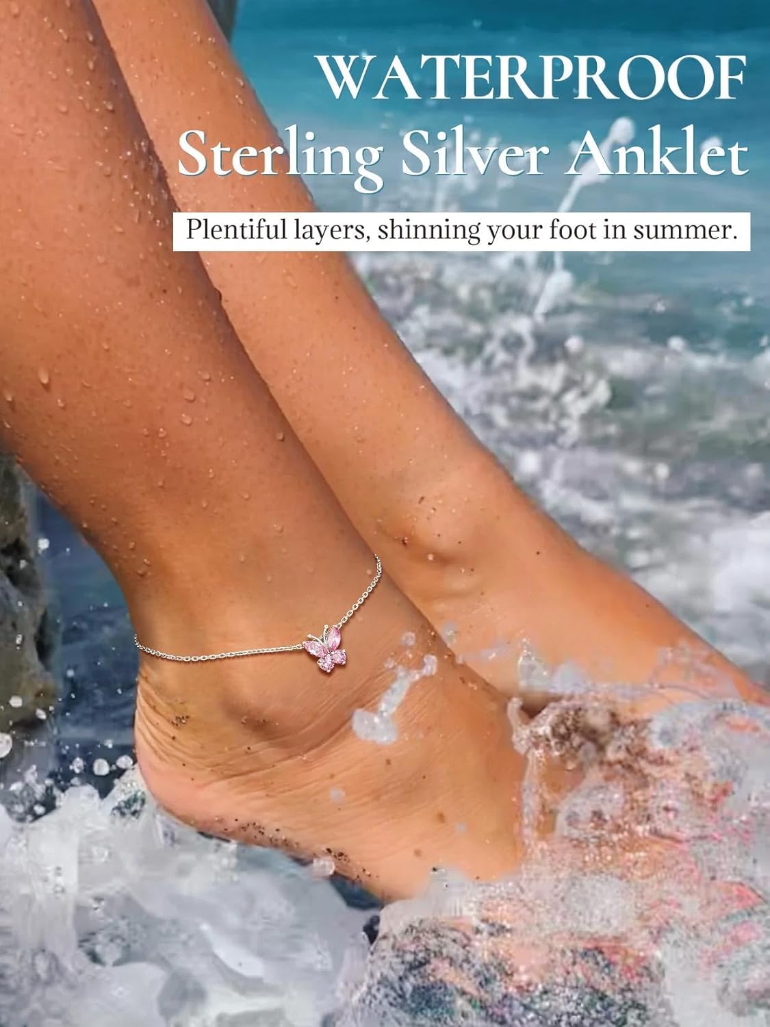 SILVERCUTE Silver Anklets for Women Cute Butterfly Jewelry 925 Sterling Silver Anklets Waterproof Summer Beach Foot Bracelet January to December Birthstone Anklet 22-27cm