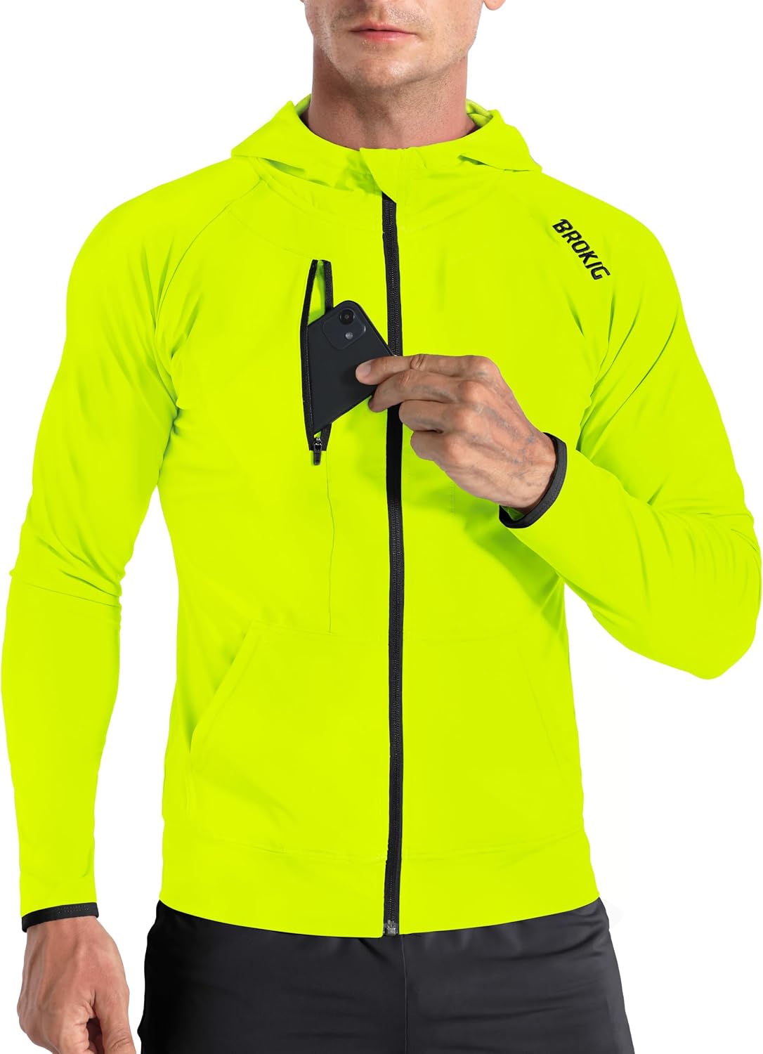 BROKIG Mens Windbreak Running Jacket Zip Up Hoodie