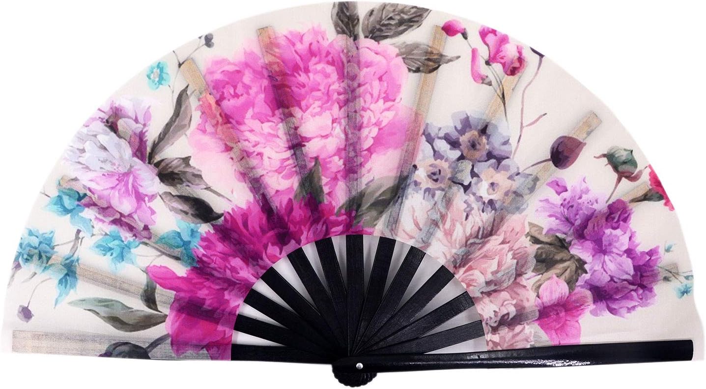 Amajiji Large Folding Hand Rave Fan Popping Fan for Line Dancing Clacking Fans for Dance,Party,Decoration,Festival (Peony Flower)