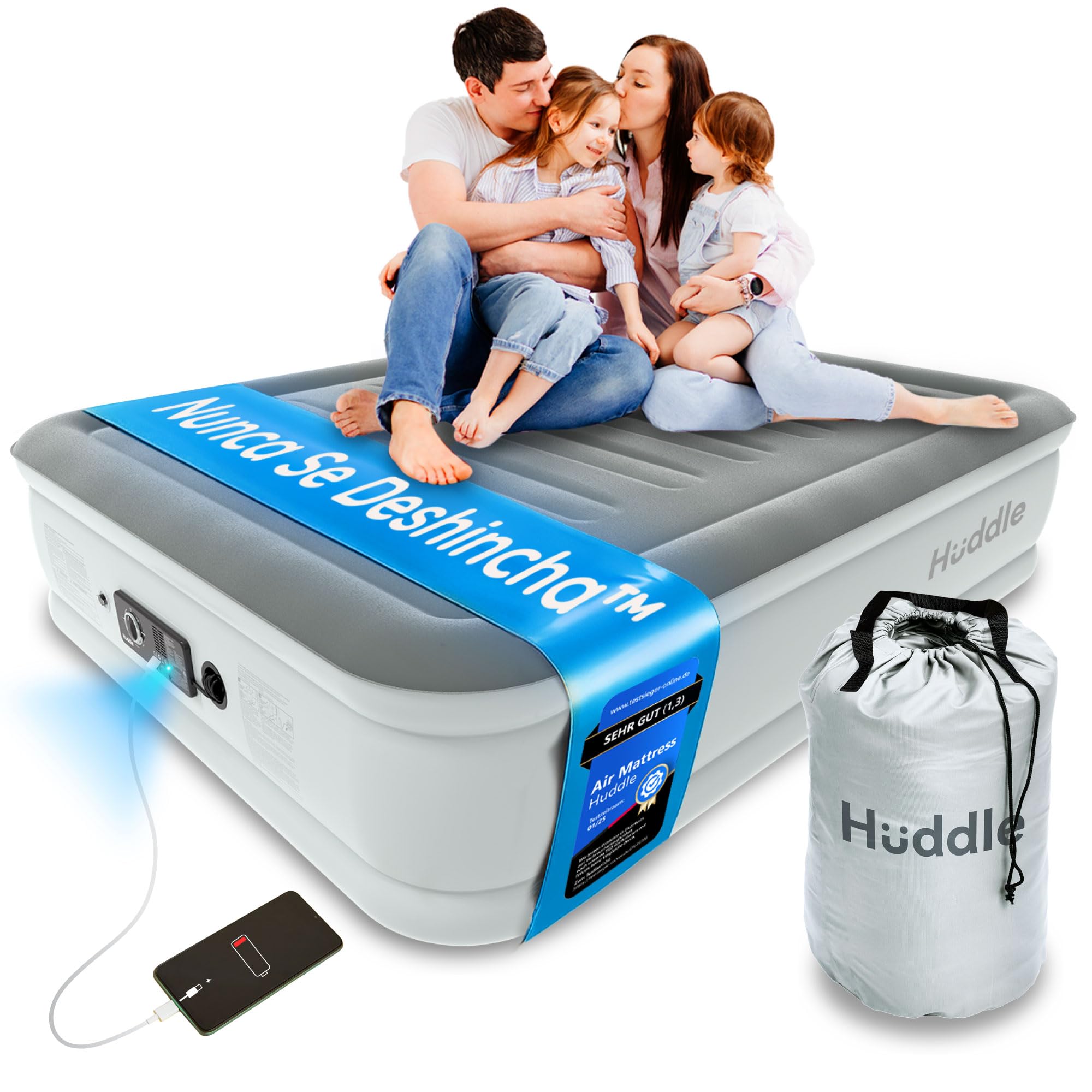 Huddle Never Deflate™ Luxury Colchón Inflable King Size, Ganador del Good Housekeeping 2025, con Hinchador Dual SlumberGuard™, firmeza Ajustable, Bomba integrada y luz Nocturna USB.