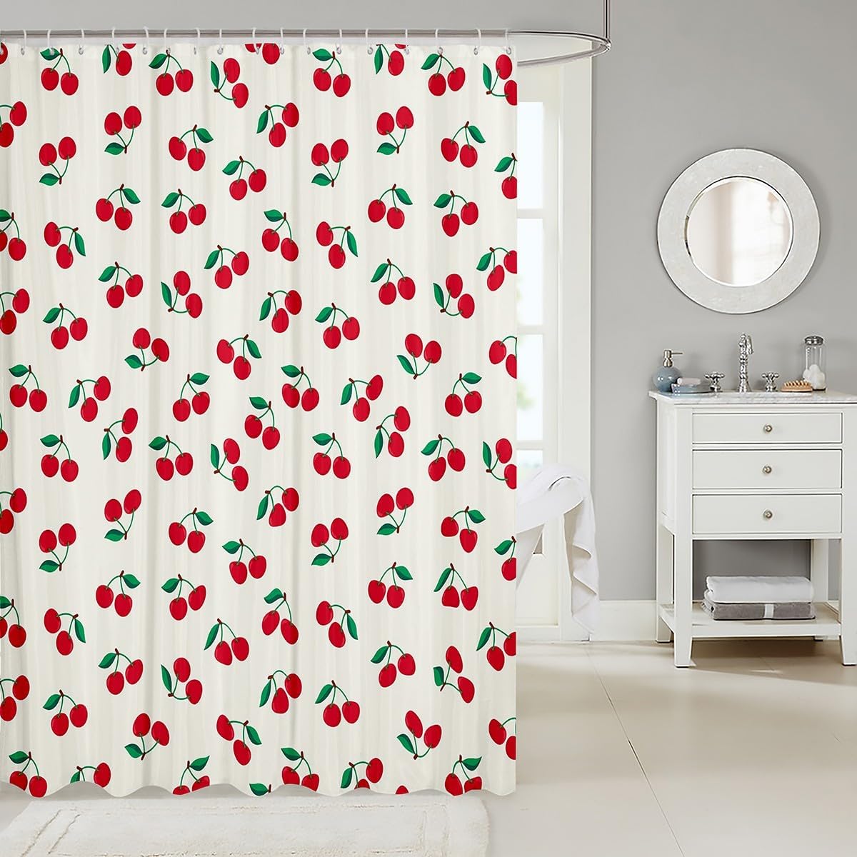 Feelyou Cherry Bath Curtain 72"x84" Cute Cherry Fruit Shower Curtain for Kids Boys Girls Decor Summer Fruit Bathroom Shower Curtain Set Polyester Kawaii Kids Bathroom Accessories