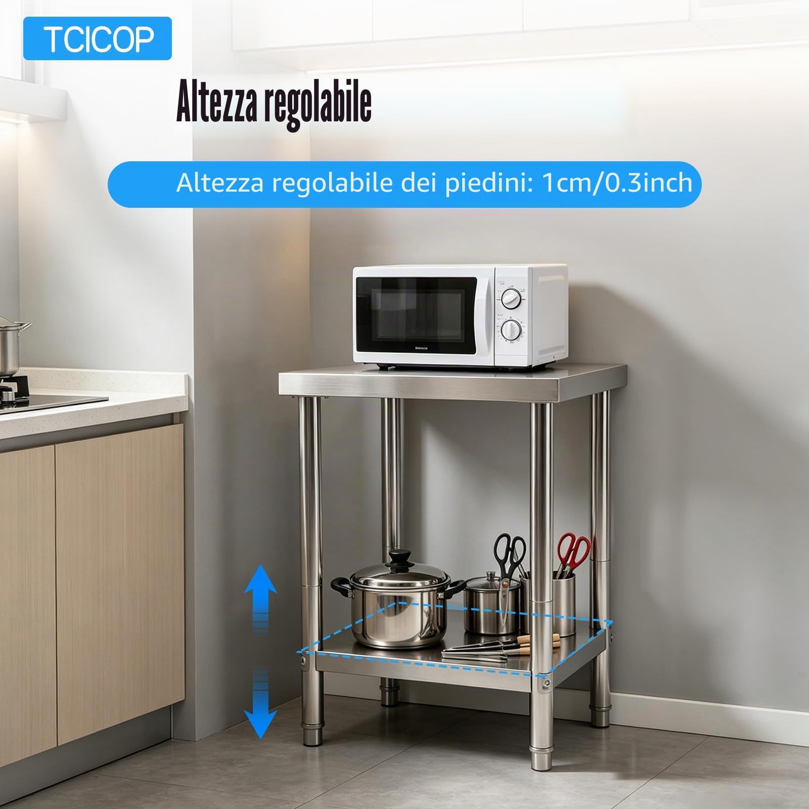 Tavolo da lavoro in acciaio inox, 60 x 60 x 80 cm, portata 400 kg, suola regolabile in metallo, adatto per cucina, sala da pranzo