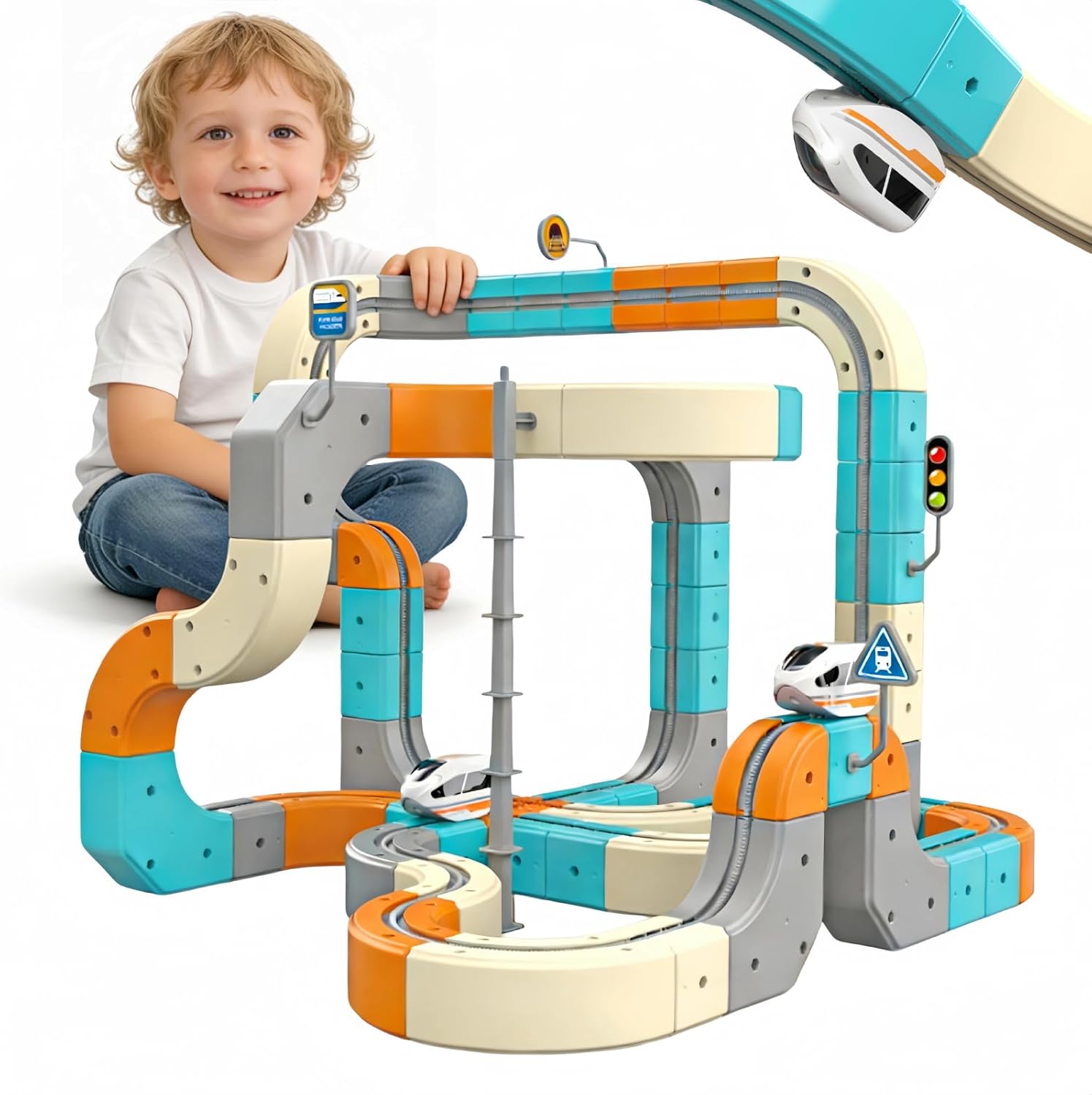 Electric DIY 3D Magic Flexible Race Train Track Set – Track Modules, Anti-Gravity Train, Traffic Signs – Creative STEM Toy for 3 4 5 6 7 8 Years Old (Professional (124pcs))