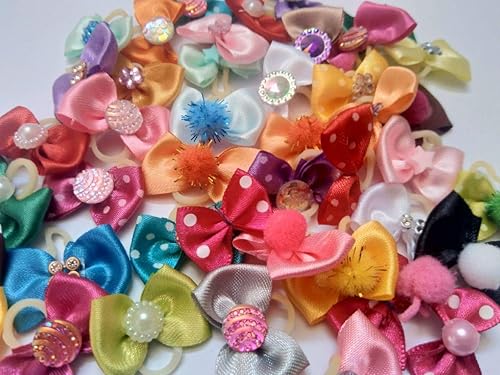 Miniatura 4 de 50 lazos para perros con bandas de goma, lazos para el pelo de mascotas, gatos, perros, cuentas de diamantes de imitación multicolor, lazos para