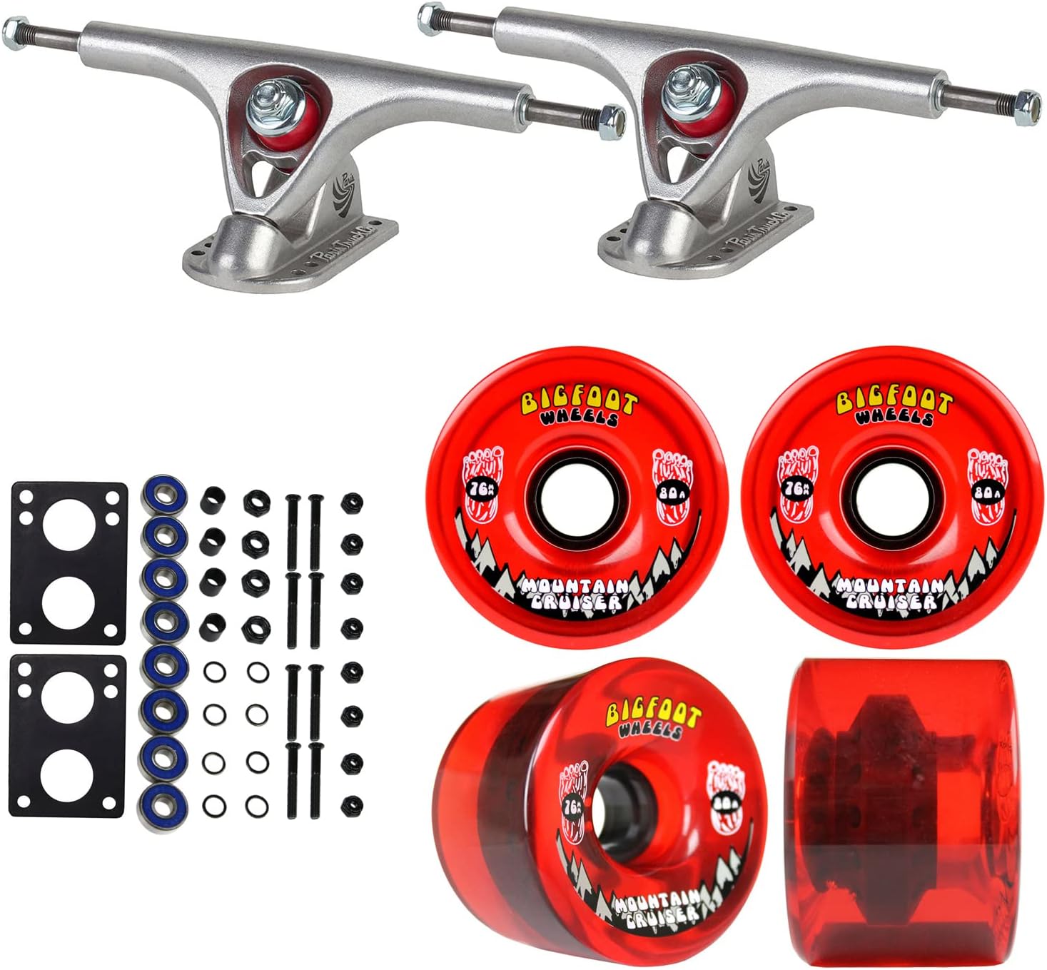 TGM Skateboards Premium Longboard Upgrade Kit with Paris Trucks, Wheels, Hardware, and ABEC 7 Bearings Kit - V2 180 Raw + Bigfoot 76mm 80A Red