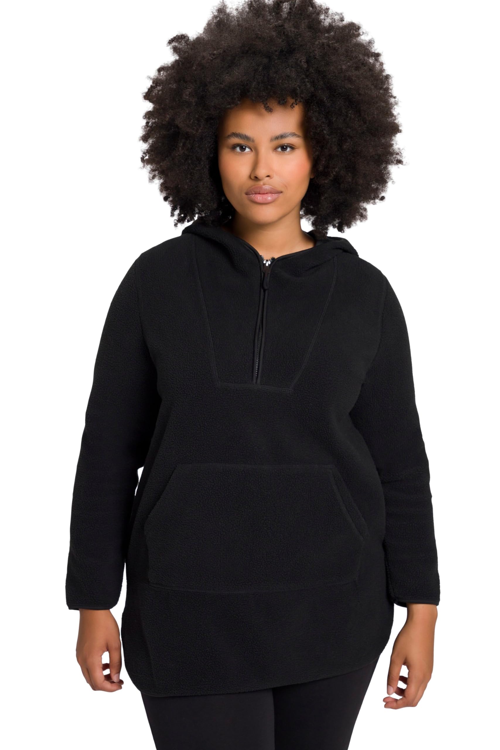 Ulla Popken Damen große Größen Übergrößen Plus Size Long-Teddy-Fleecepullover, Kapuze, Zipper, Langarm 800546