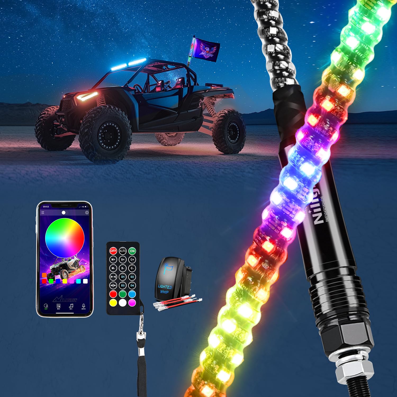 Nilight RGB LED Whip Light 1PC 2FT Lighted Antenna Whips