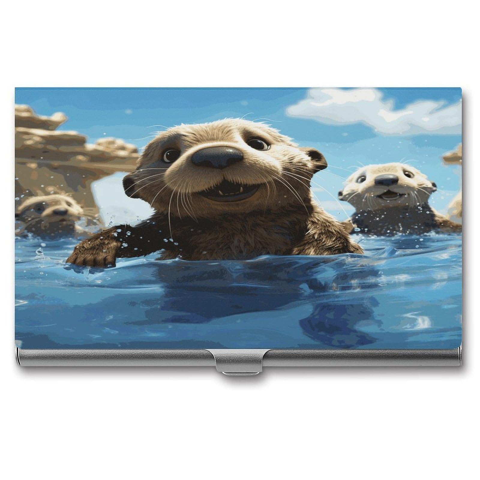 JTREHY Lovely Sea Otter Print Business Card Holder Slim Purse Name Card Holder Portable Metal Business Card Case Wallet Large Capacity Lightweight Business Card Case for Men Women