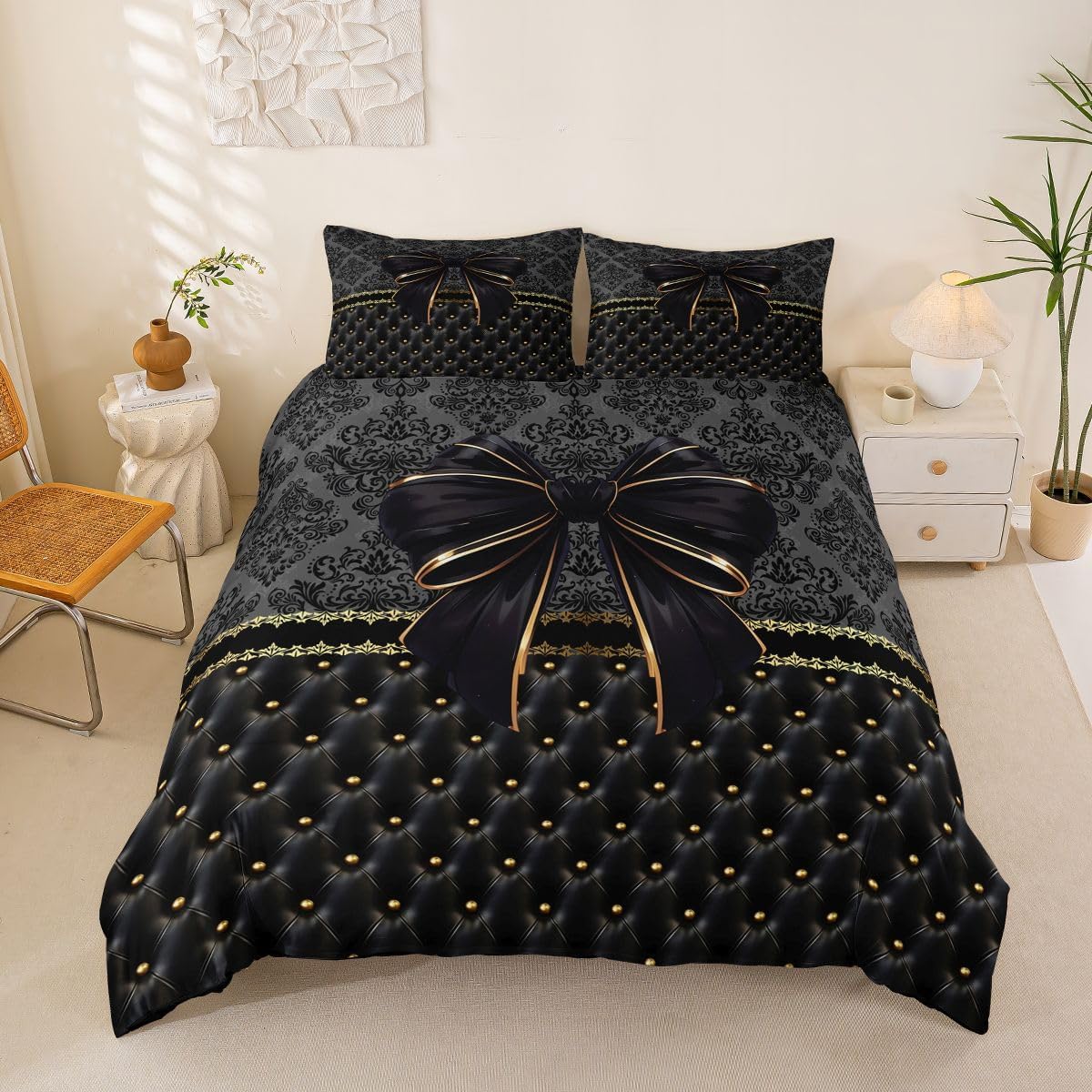 Homemissing Gothic Duvet Cover Black and Yellow Damask King Bedding
