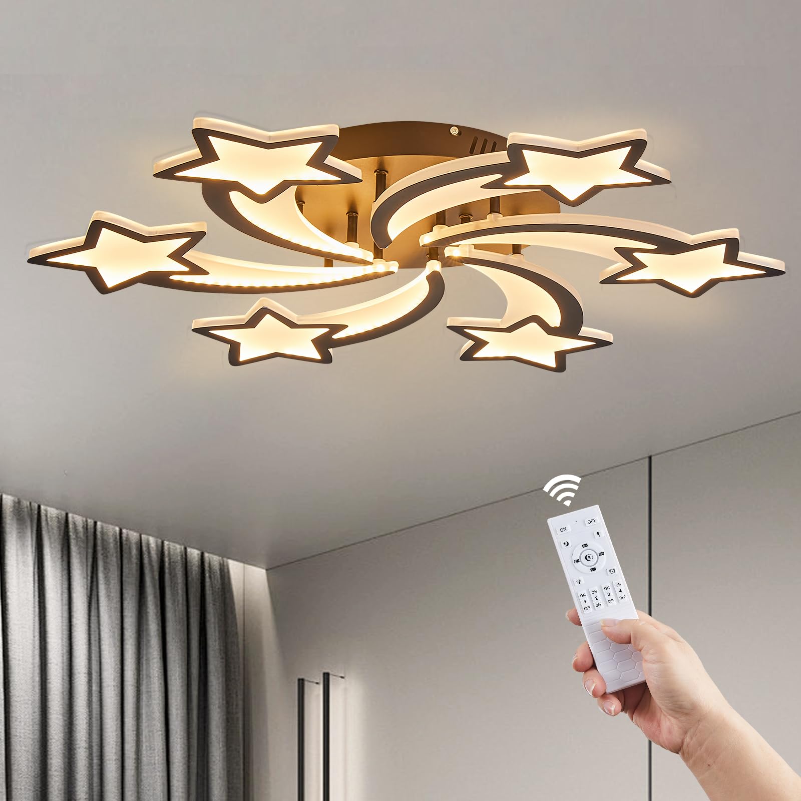 DellemadeLED Ceiling Light,Stars Shape Chandelier,Dimmable Ceiling Light Fixture,3 Lighting Colors Lighting Fixture with Remote Controller for Living Room,Bedroom,Kitchen,Office (Black, 6Lights)