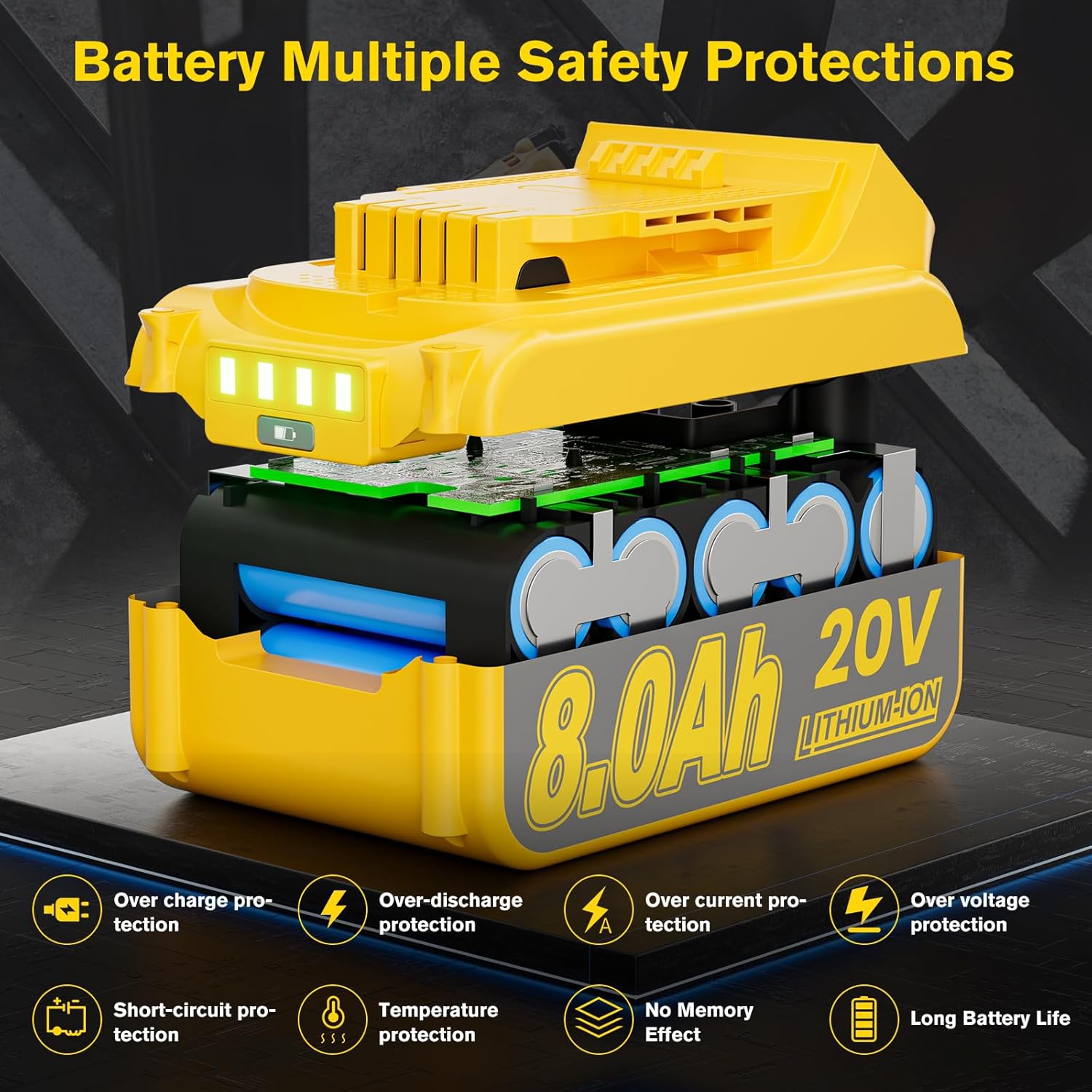 2Pack 8.0Ah Replacement for Dewalt 20V Max Battery Lithium Compatible with Dewalt 20 Volt XR Batteries DCB200 DCB201 DCB206 DCB204 DCB207 DCD/DCF/DCG Series Cordless Power Tools - Image 7