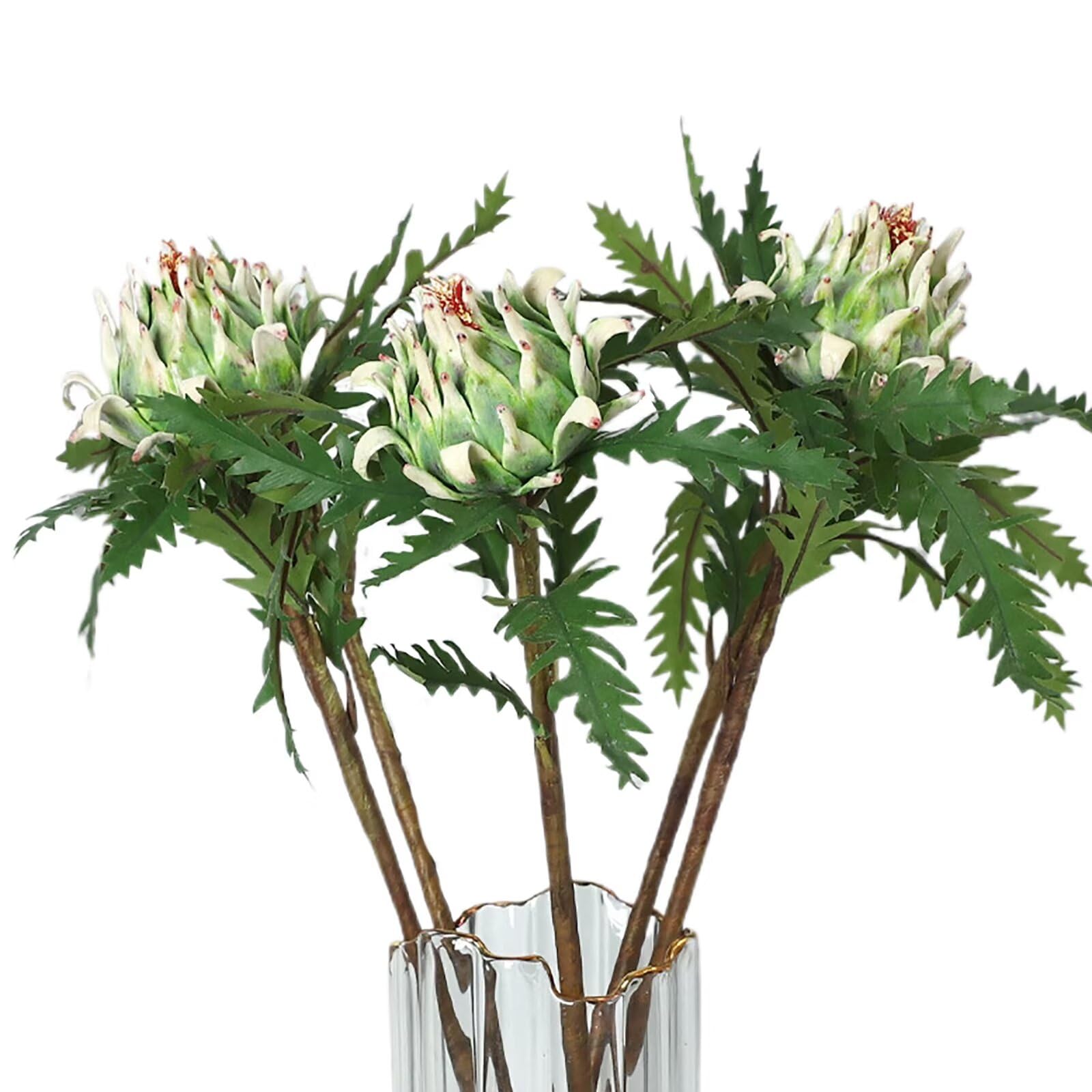 3 Pcs King Protea Artificial Flowers, Green Fake Protea Cynaroides Tropical Stems Realistic Faux Silk Artichoke Flower Bouquet for Floral Arrangements Wedding Home Party Decoration