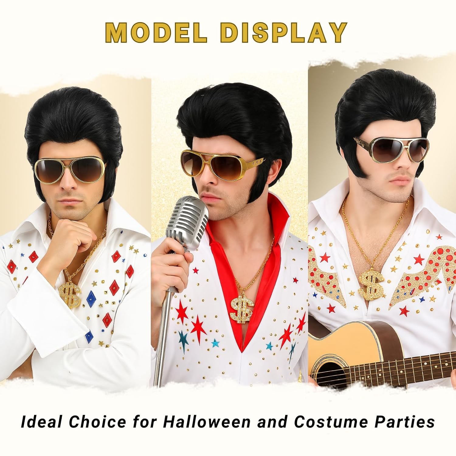 PUREHAIR Men's 50s Rock Style Costume Wig with Glasses Necklace Set for Rocker Cosplay Disco Parties and Halloween (Adults)