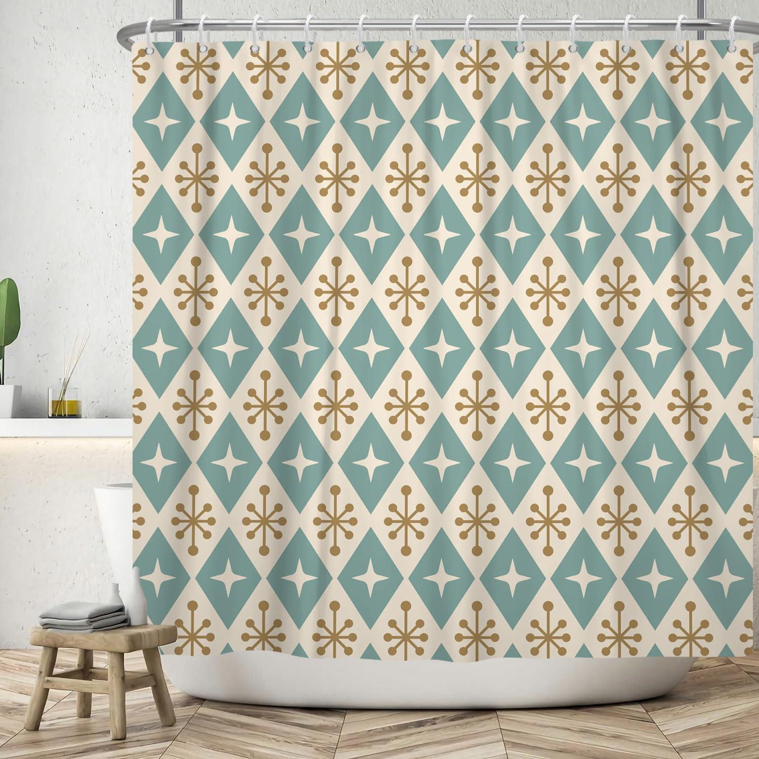 ASDCXZ Cortina de Ducha Bohemia 180x200 cm, Moderna Boho Azul Beige Patrón Geométrico de Regla de Estrella Cortinas de Ducha Lavables Baño Tela de Cortina Ducha Impermeable con 12 Ganchos