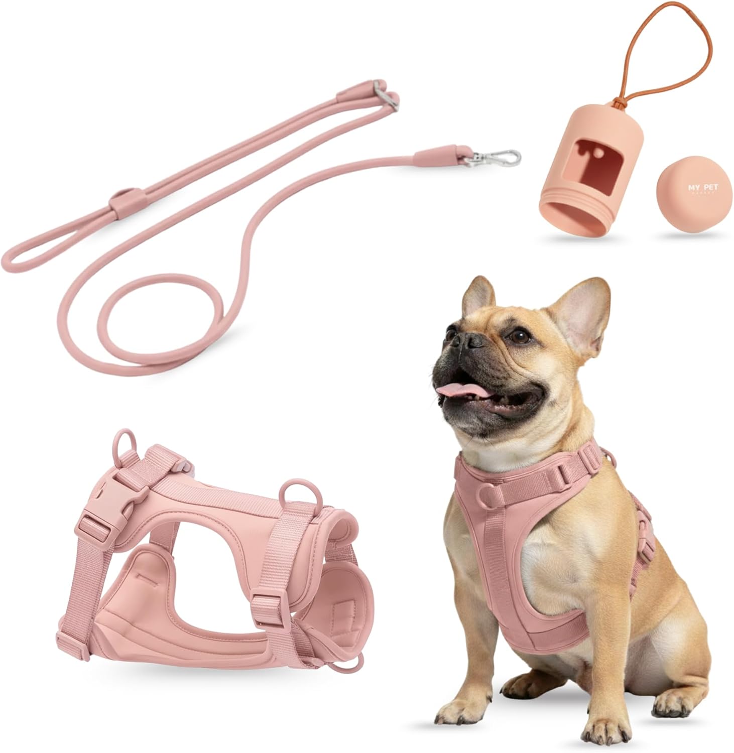 No Pull Dog Harness and Leash Set 3-in-1 Adjustable Anti Pull Dog Puppy Harness with Hands-Free Matching Leash and Poop Bag Holder,Easy Walk Dog Harness Medium small Sized Dog(Pink Sand)