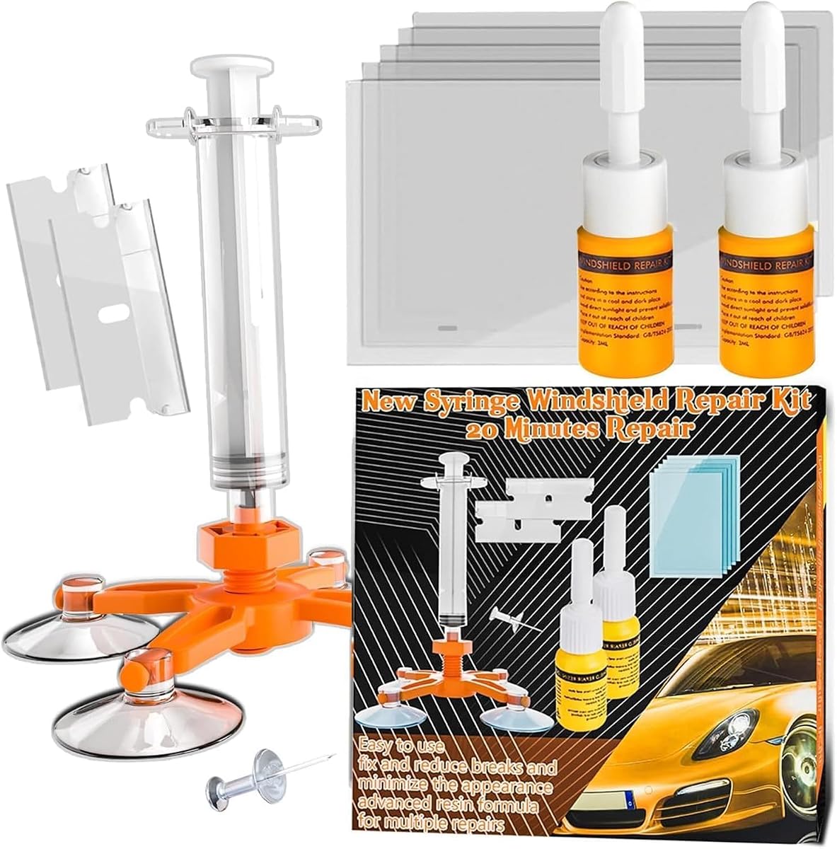 Windshield Repair Kit, Upgraded Windshield Chip Repair Kit – Instant Fix for Chips, Cracks, and Bullseyes, High-Pressure Resin Injection Cracks Gone Glass Repair Kit for Long-Lasting (Sunshine Orange)