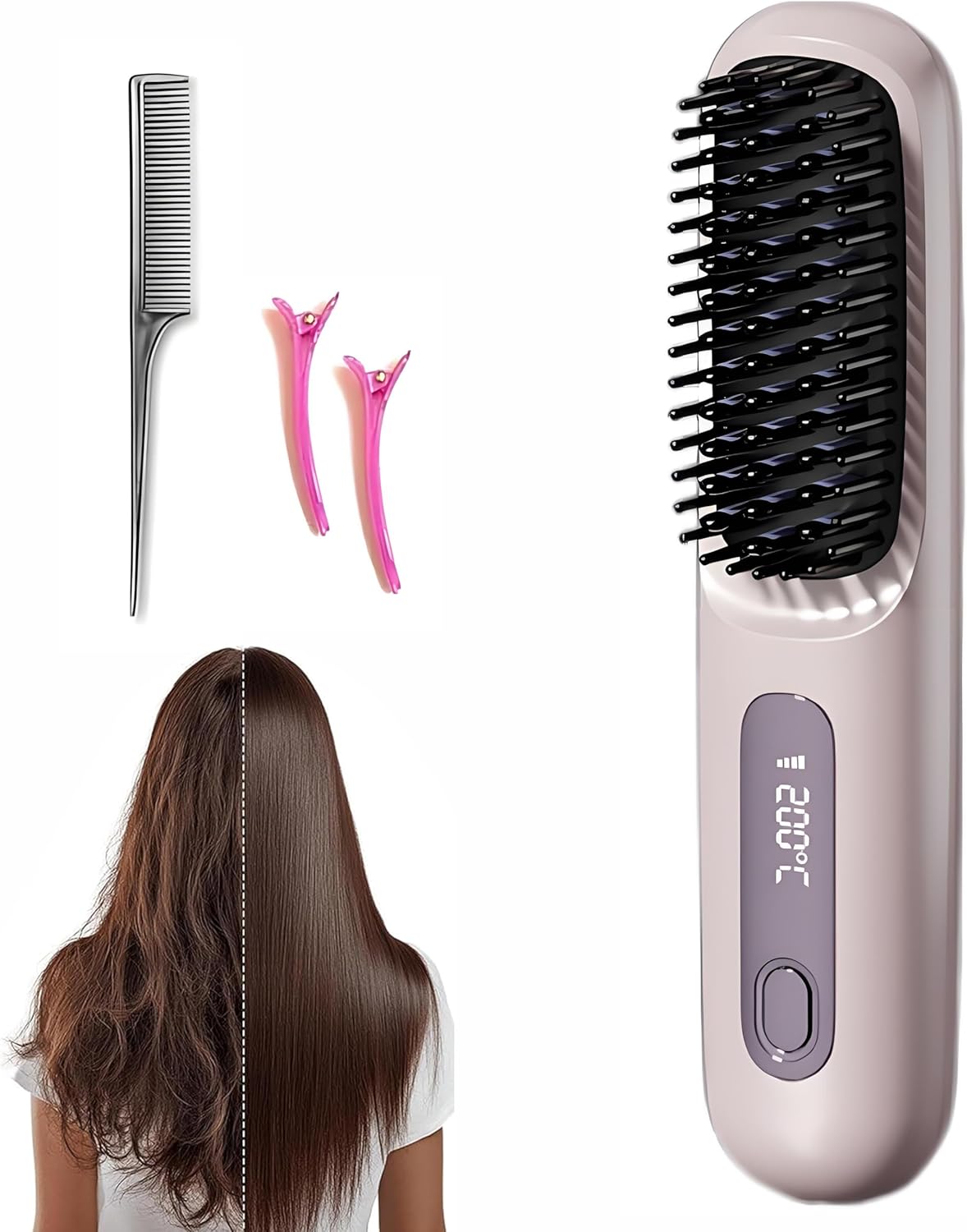 Go Brush Pro 2025 New Hair Straightener Brush - Cordless Hair Straightening Brushs,Compact & Travel-Friendly with LED Display Anti-Scald Mini Hot Straightening Comb for Women(Purple)
