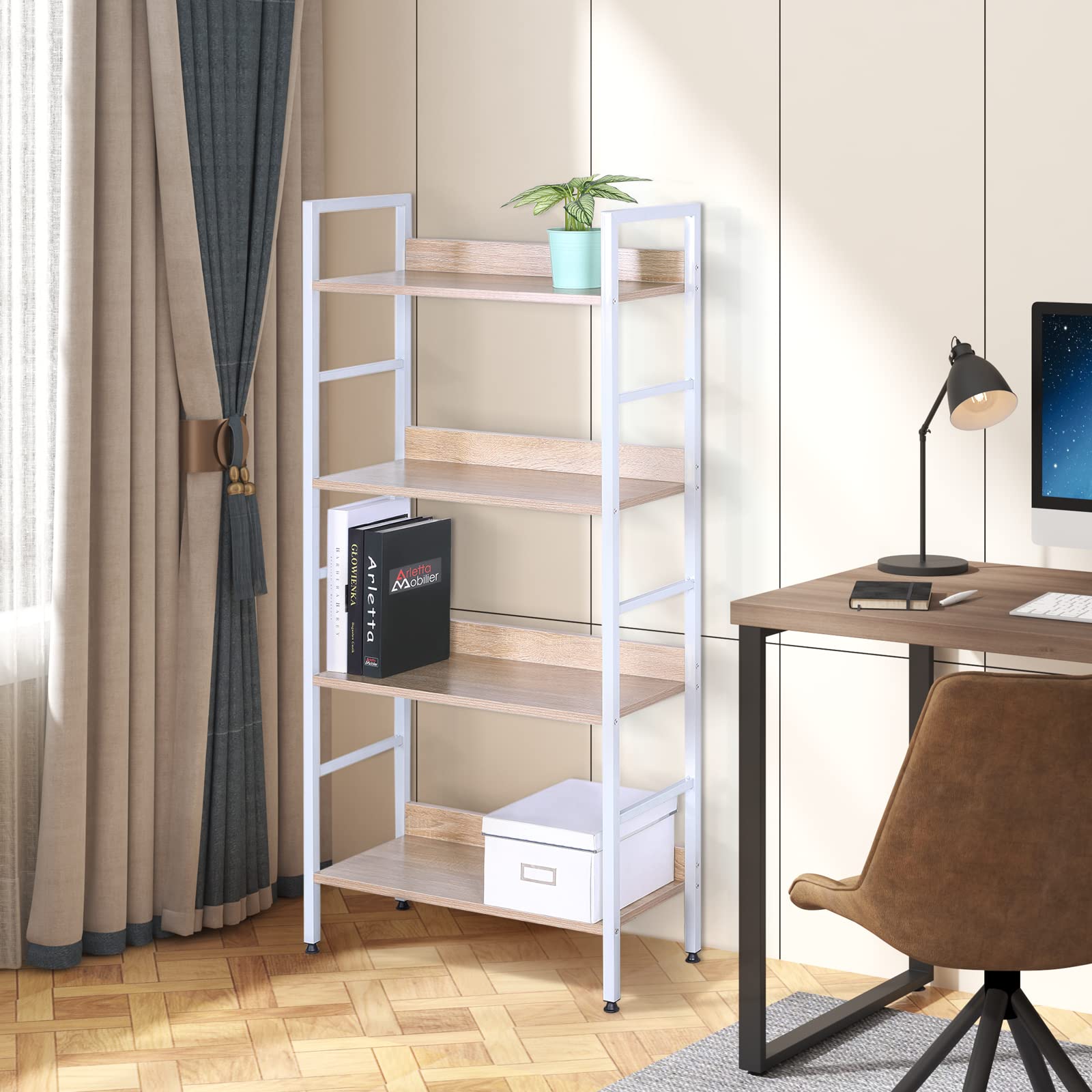 WOLTU Standregal mit 4 Ablagen Bücherregal Küchenregal Badregal aus Holz und Metal, Regale für den Abstellraum 60 x 27,5 x 126 cm Weiß + Hell Eiche RGB9304hei
