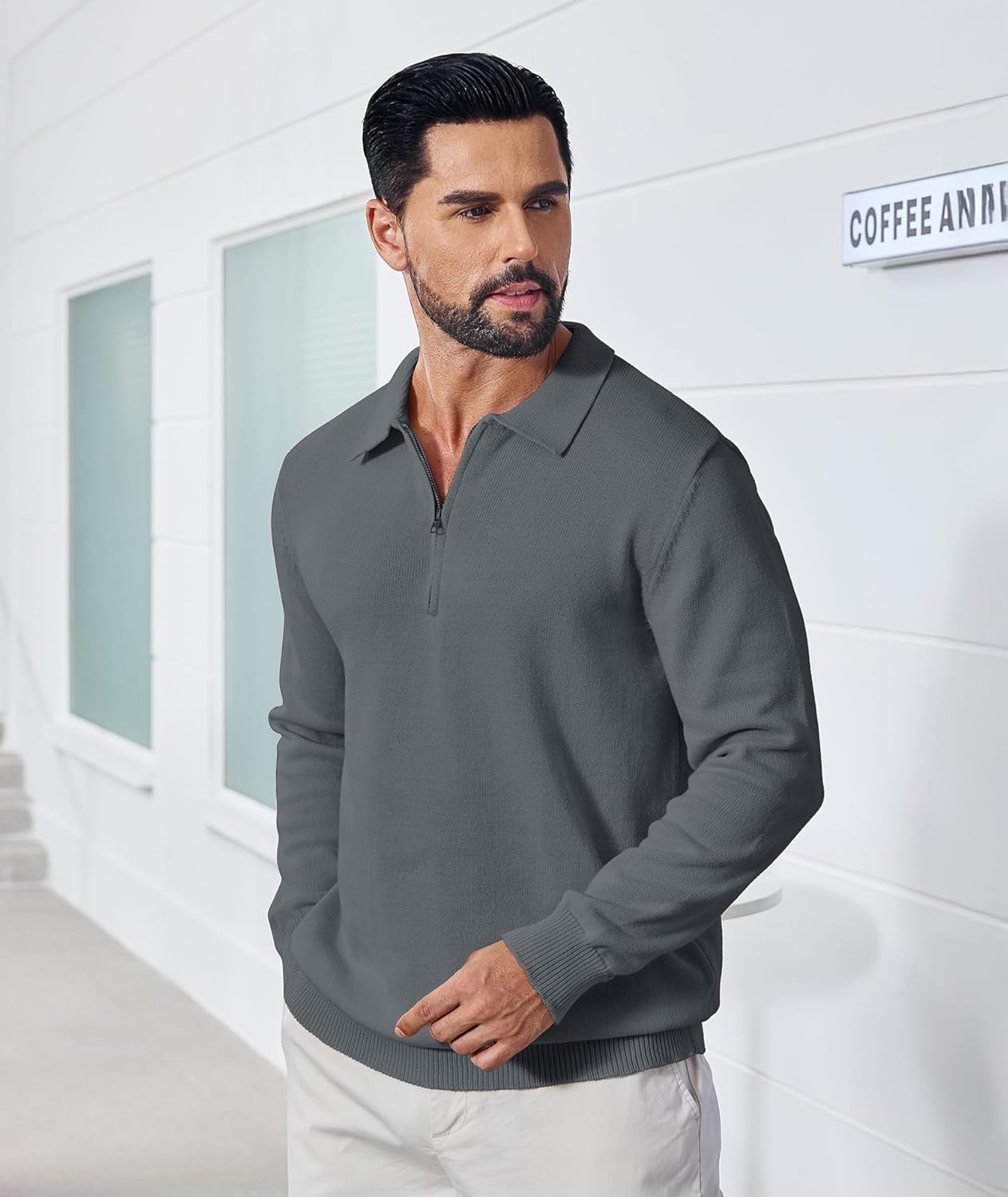 Men's Casual Knit Polo Sweater Classic Long Sleeve Thermal Basic Zip Collar Shirts - Image 3