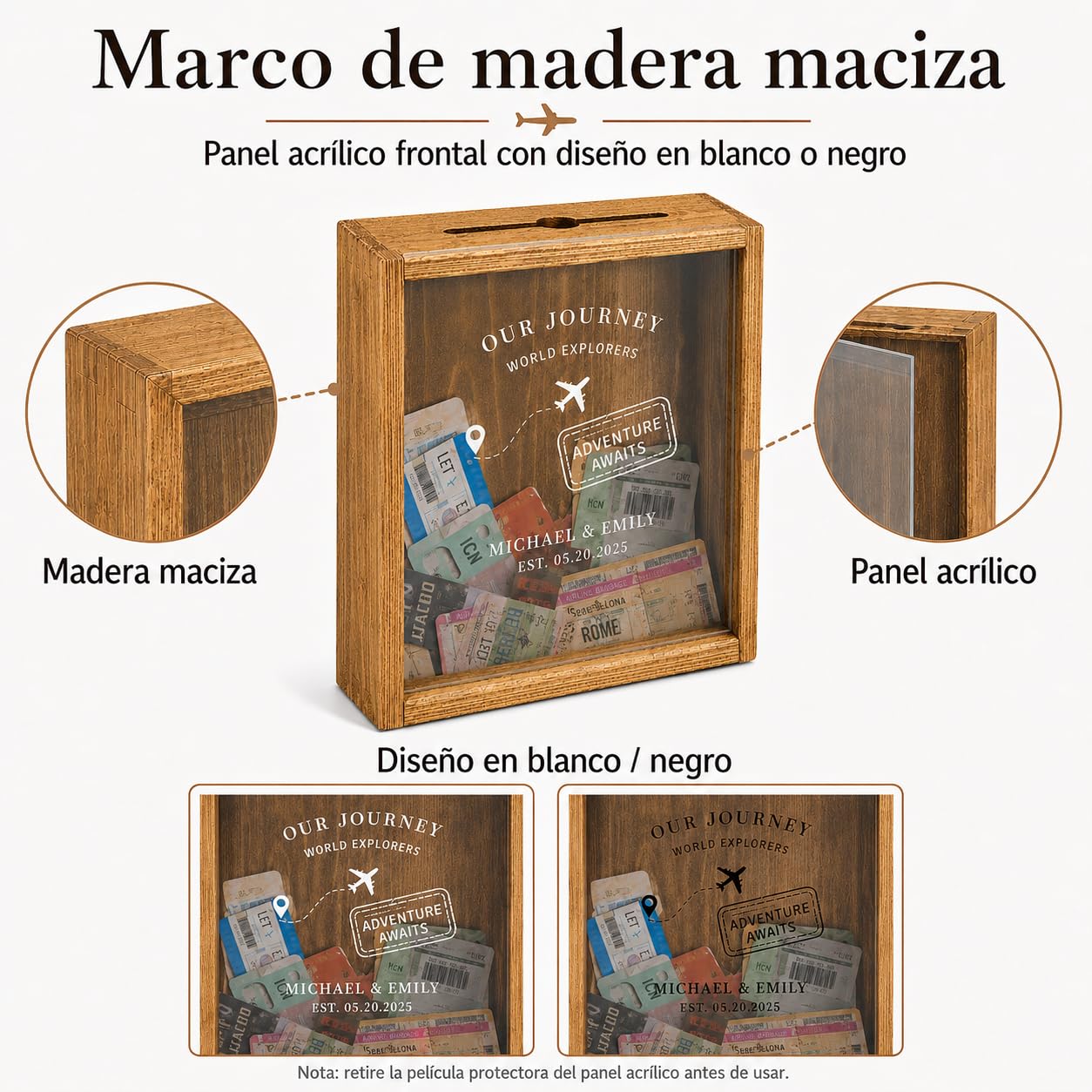 Caja de Recuerdos de Viaje Personalizada, Caja de Fotos Personalizadas con Marco de Madera Maciza y Ranura Superior, para Tickets, Mapas y Postales, Regalo Personalizado para Viajeros y Parejas