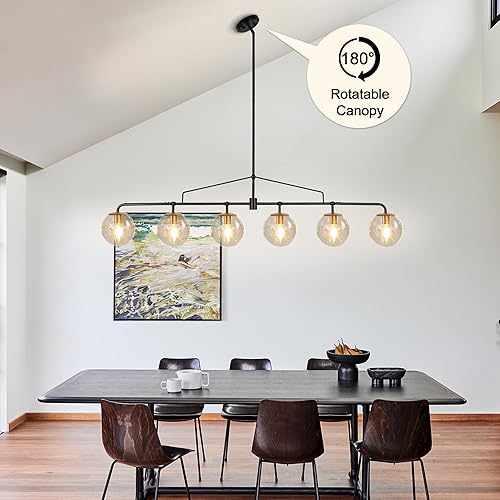 Miniatura 5 de Candelabro Lineal Moderno Negro y Dorado Lámpara de Comedor Accesorio de Iluminación Globo de Cristal Sembrado Candelabro Lineal 6 Luces para Granja