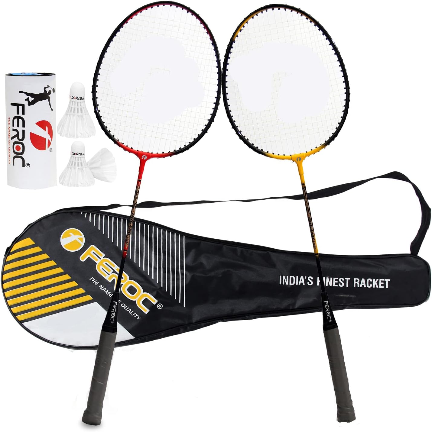 Feroc Aluminum Set of 2 Badminton Racket with 3 Pieces Feather shuttles with Full Cover Fulfilled by Amazon. (Pink)