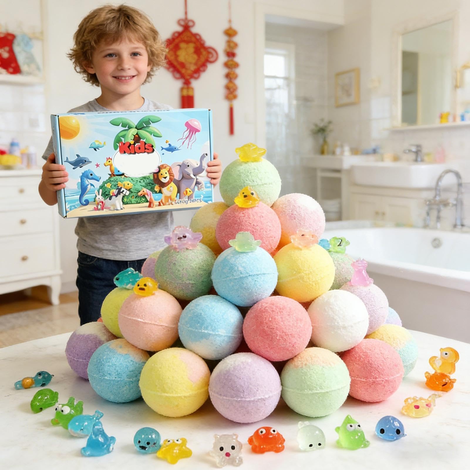 Relaxing Sea Salt Bath Balls, 33x19.5x4.8cm, 24 Count, Animal Toy Collection, Bubble Soaking, Home Spa, Fragrant Bathing, Stress Relief