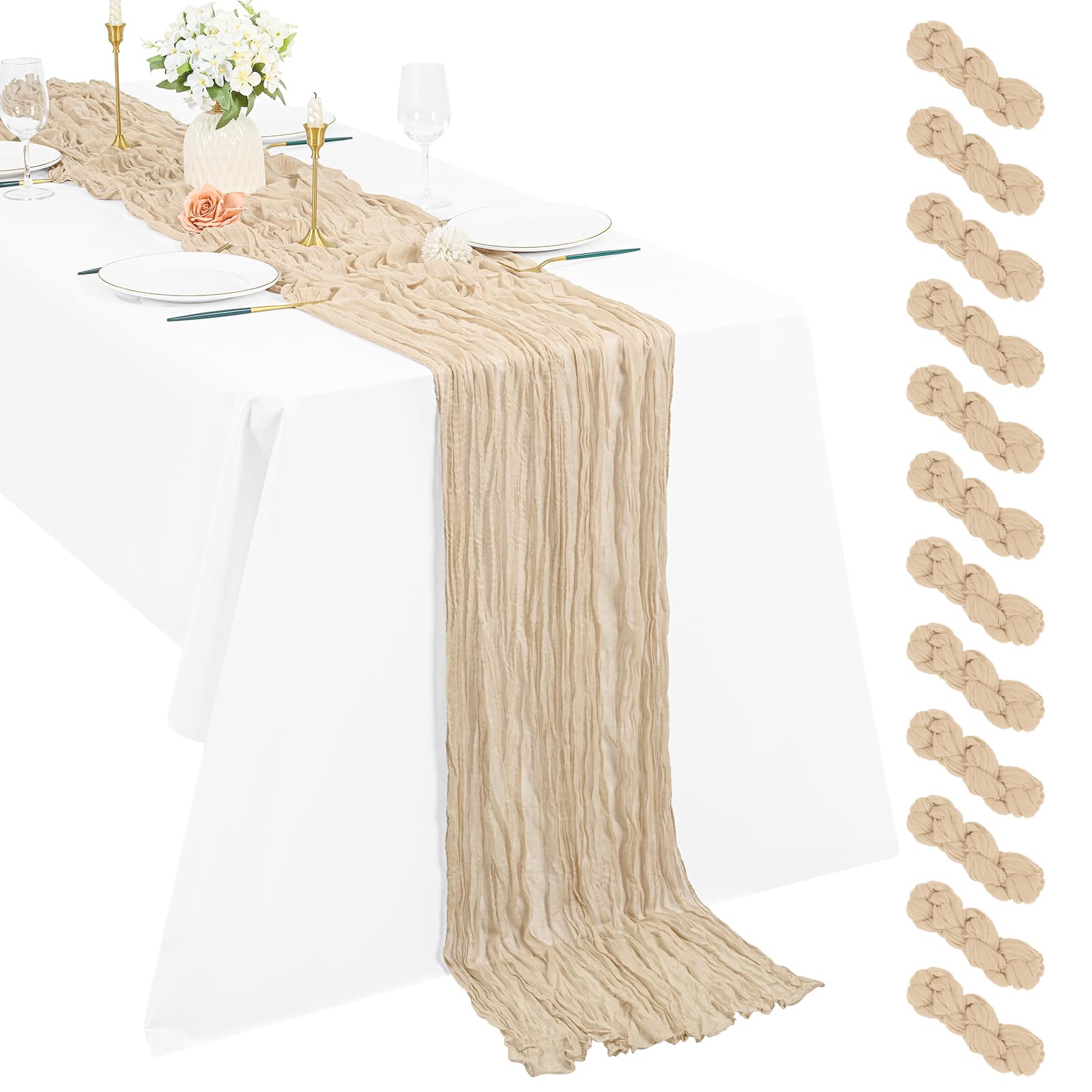 Lot de 12 Chemins de Table en étamine Chemin de Table Bohème en Gaze de 55 x 300 cm, Chemin de Table Rustique et Romantique pour fête de Mariage Thanksgiving décoration de Noël (Beige)