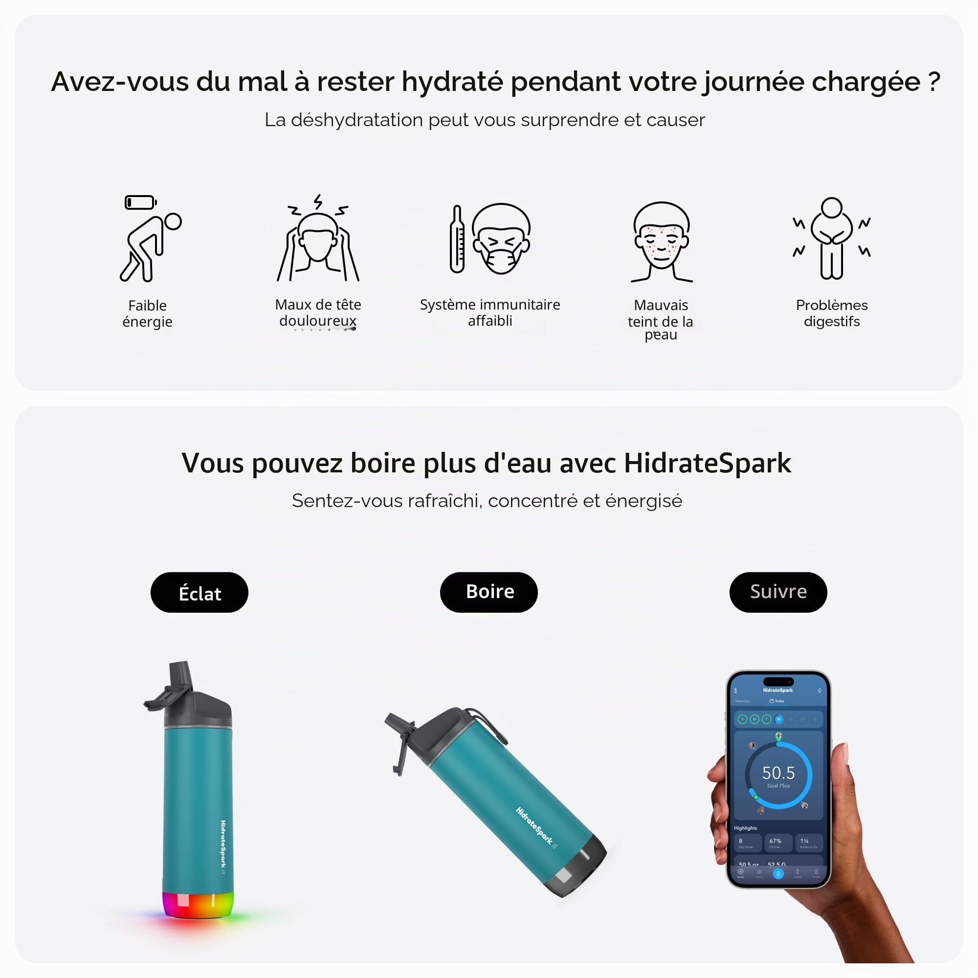 Hidrate Spark - Bouteille d'eau Intelligente en Acier, Suit la consommation d'eau et s'illumine pour Vous rappeler de Vous hydrater, Couvercle avec Paille, 503 ml, Verre de mer