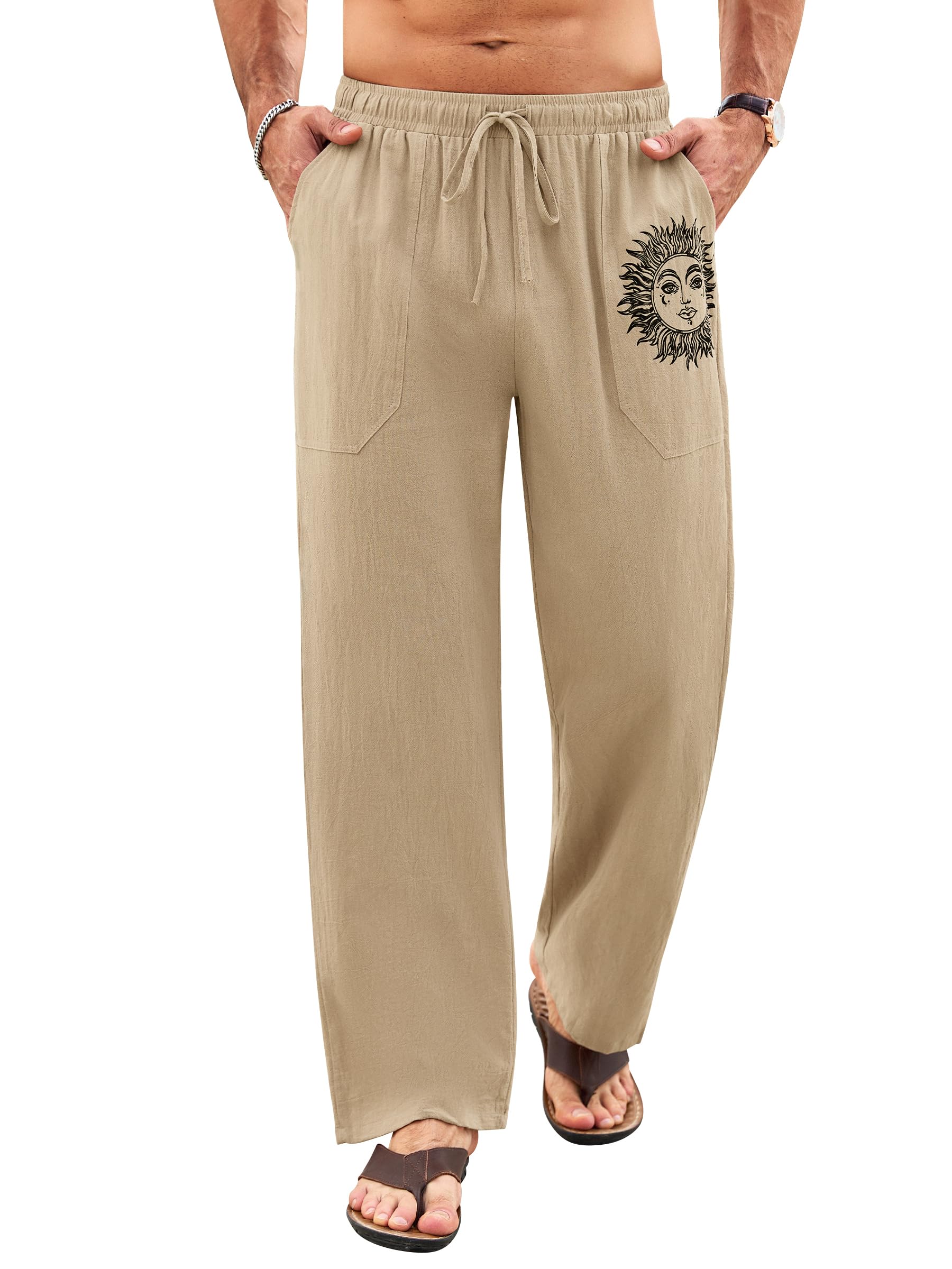 Litthing Pantaloni Lino Uomo Pantalonis da Jogging in Cotone Estivi Casual Tasche Pants Larghi Coulisse Pant Comodi e Leggeri Mare