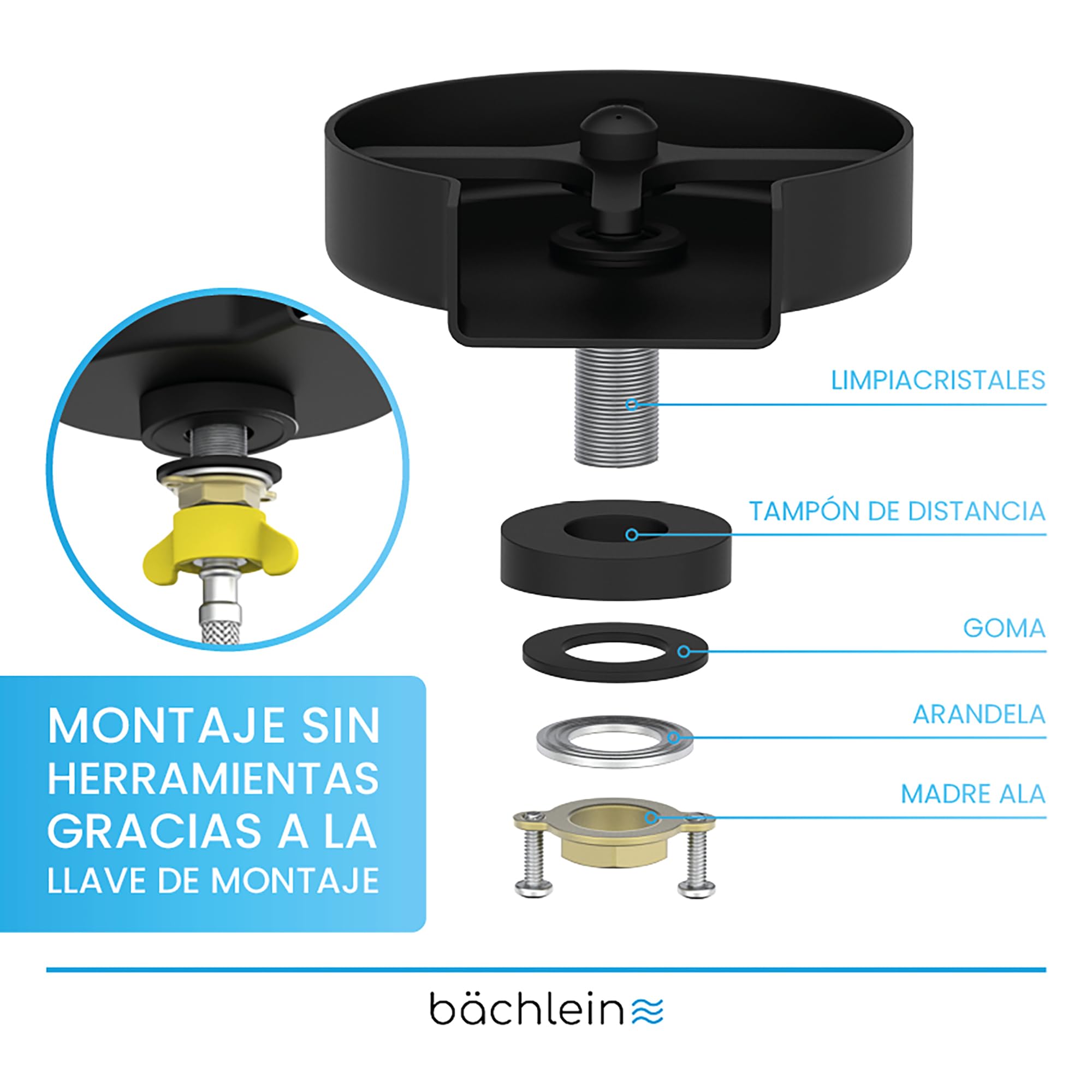 Bächlein Limpiador de cristales (negro mate) – Lavavajillas de acero inoxidable – ducha para vasos incluye distribuidor en T y manguera flexible – Lavavajillas automáticas para la cocina