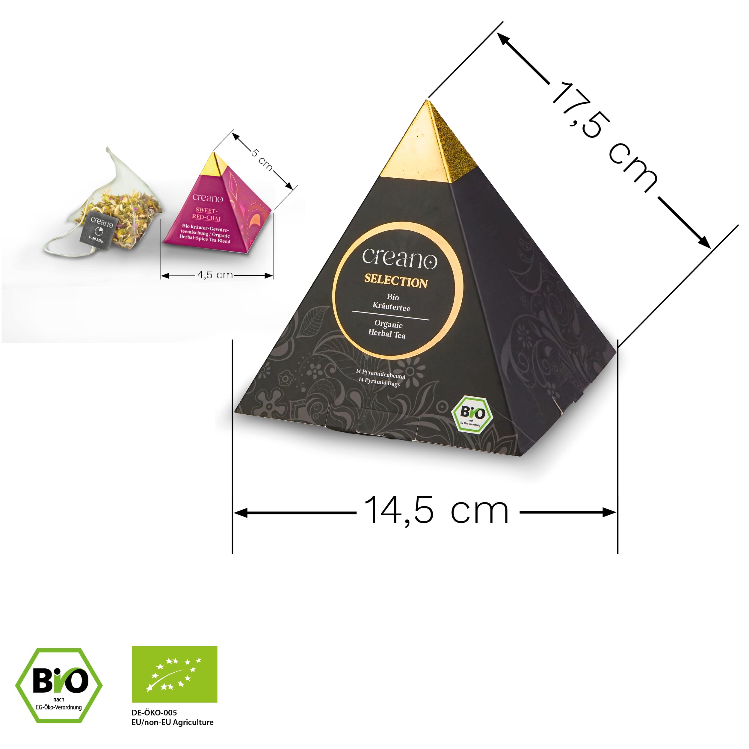 Creano Set de Regalo Té Bio Infusión Hierbas 24 Bolsitas Piramidales 9 Variedades Sin Cafeína