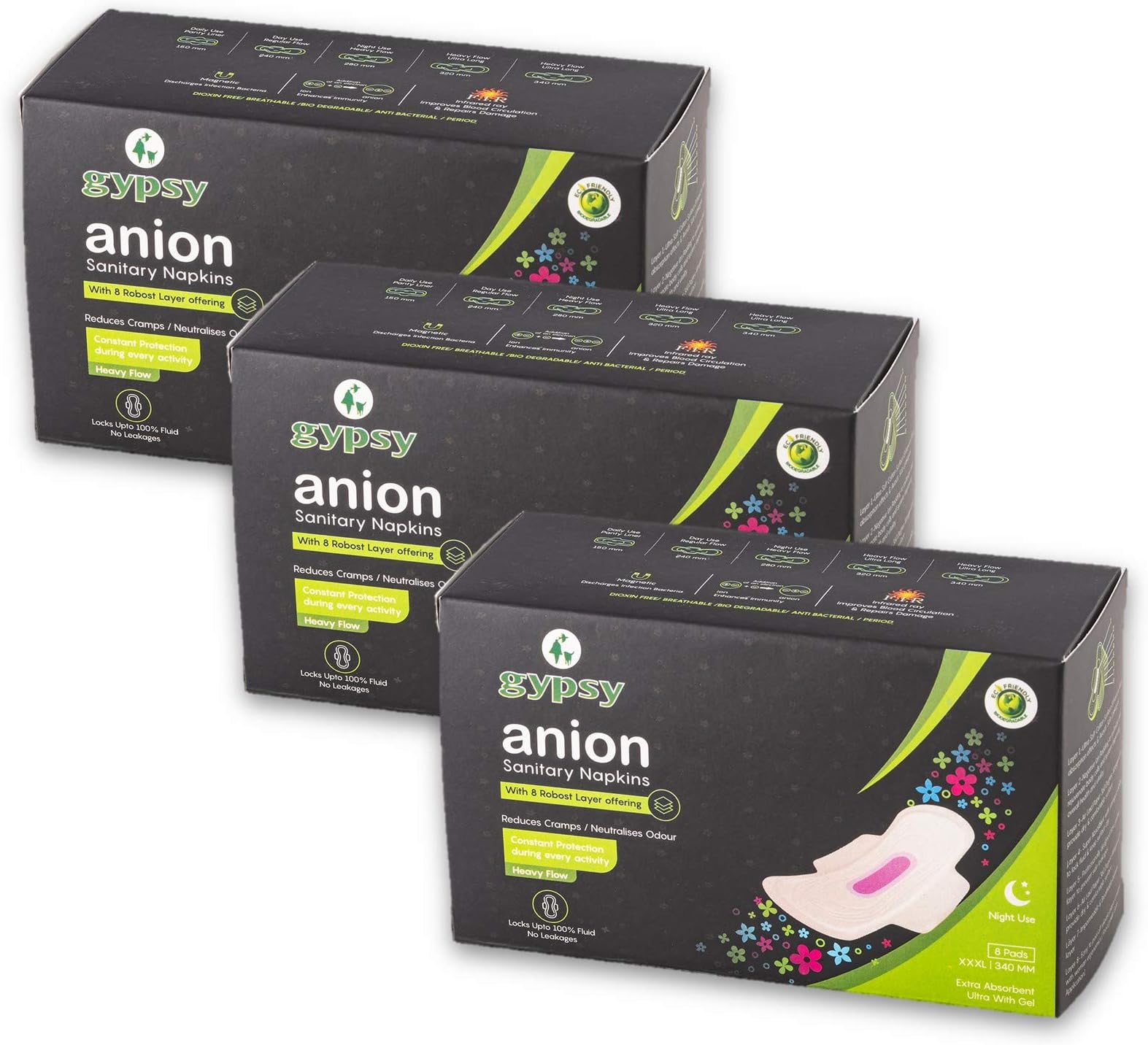 Gypsy Anion Ultra Thin Sanitary Pads For Women With Wings - XXXL - 24 Napkins (3 x 8) - Soft, Organic Cotton, Anti-Bacterial & Biodegradable