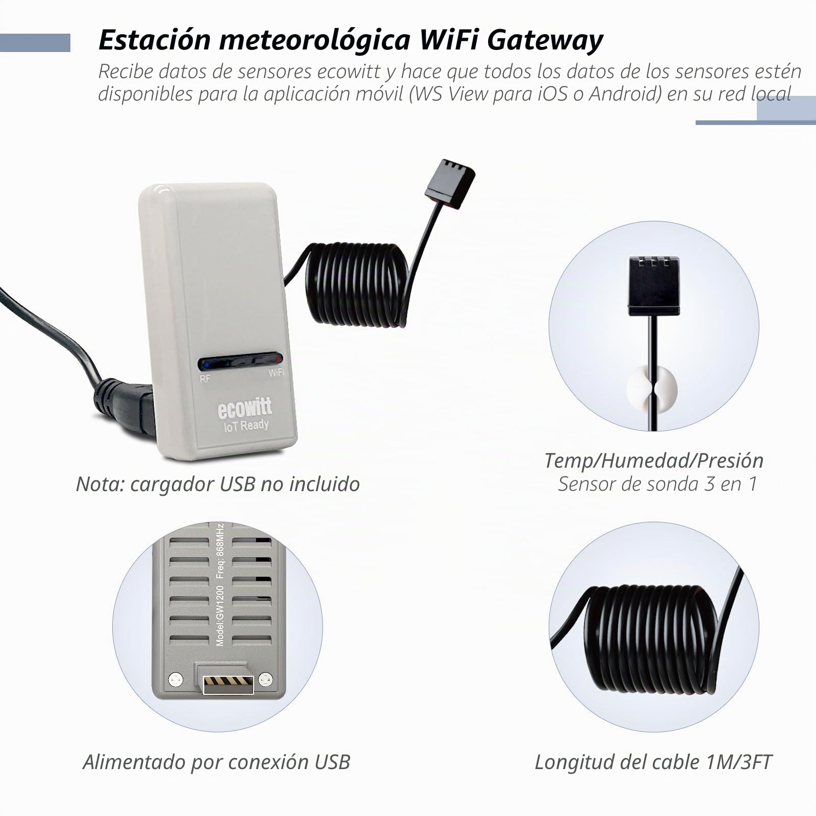 ECOWITT GW1210 Estación Meteorológica WIFI, Gateway GW1200 + WS90 Sensor Exterior 7 en 1, Temperatura Interior/Humedad/Barómetro, Automatización Doméstica Posible