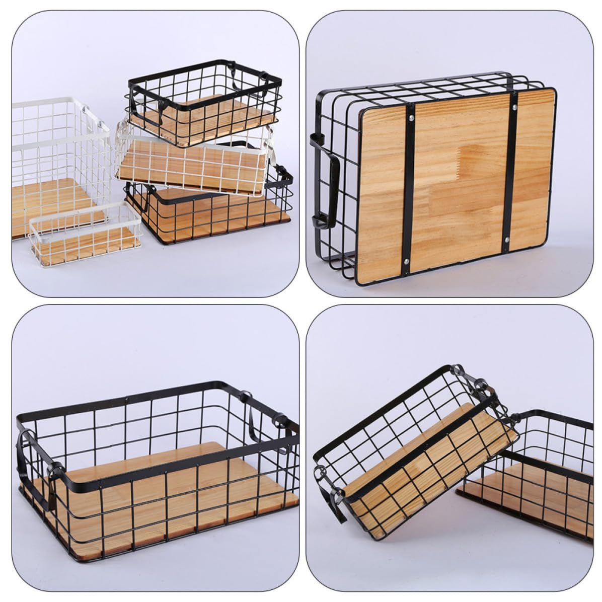 Operitacx Cesta de Hierro y Madera de Almacenamiento Rectangular Diseño Simple para Organizar Frutas y Snacks Color Negro en Cocina o Escritorio
