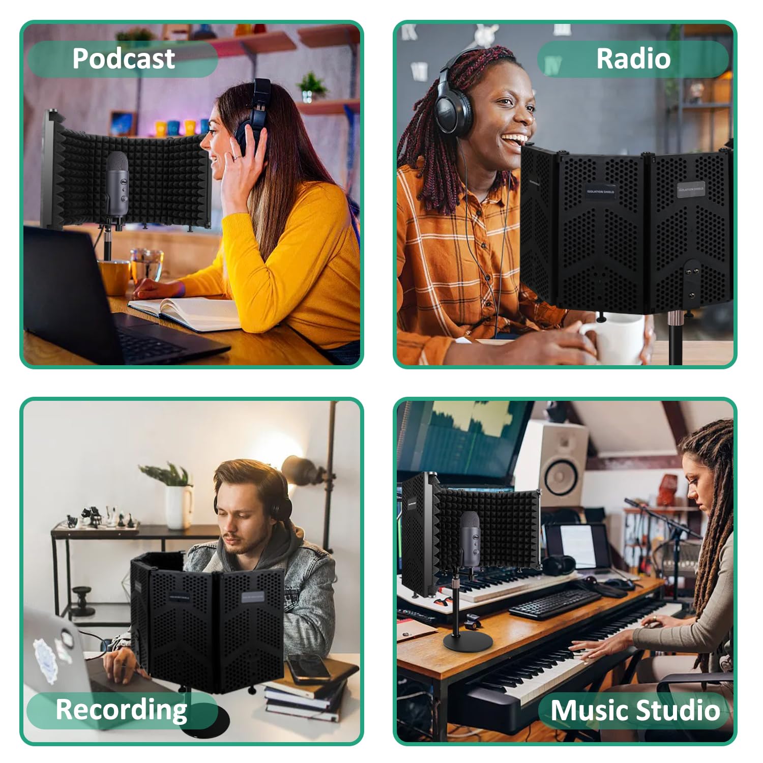 5 protectores de aislamiento de micrófono plegables con soporte para micrófono y filtro pop, escudo de sonido plegable para la mayoría de micrófonos de condensador
