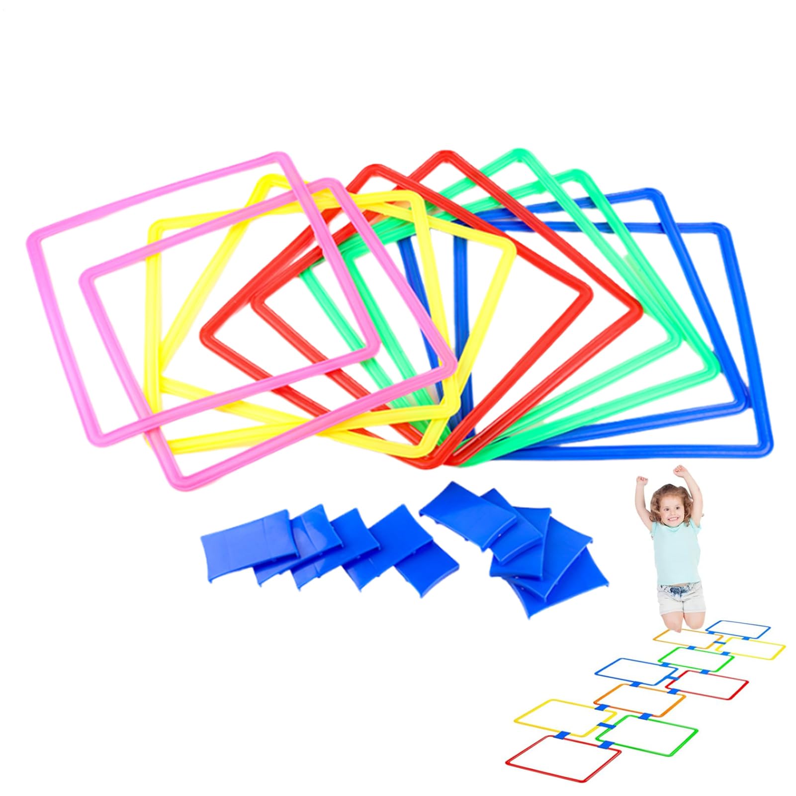 Hüpfkästchen Outdoor – Spannendes Hüpfspiel für Kinder mit Hindernisparcours, Ringen & Wurfbeuteln, 15 Zoll Quadrate mit Steckverbindern | Ideal für Indoor & Outdoor, Garten, Schule, Kinderparty, Frei