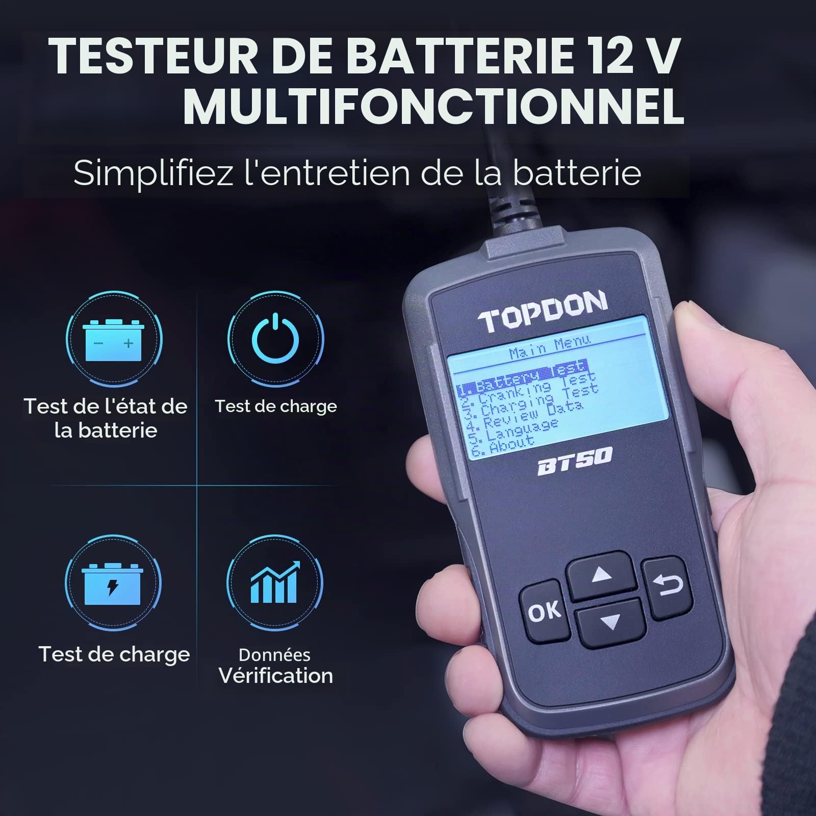 TOPDON BT50 Testeur de batterie, 12V testeur de batterie de voiture 100-2000 CCA vérification de la santé de la batterie test de démarrage charge, analyseur d'alternateur de batterie de test, noir