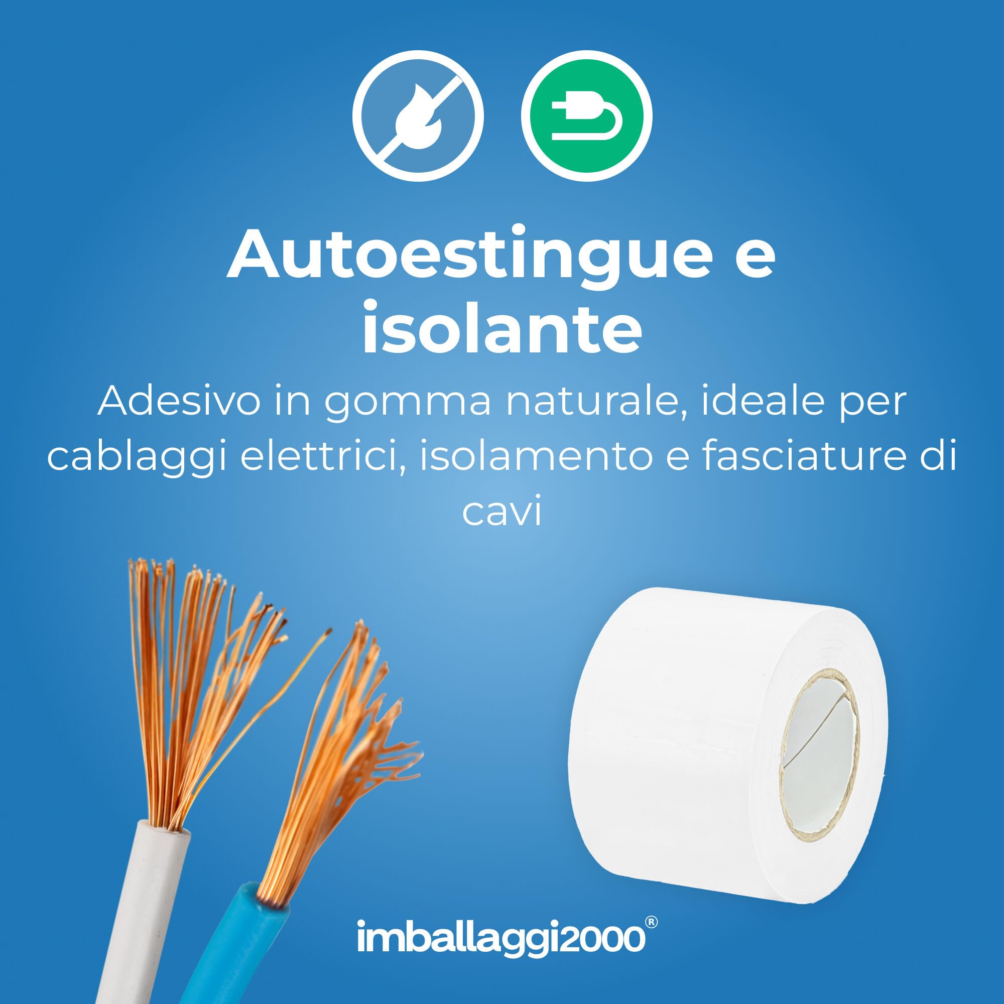 IMBALLAGGI 2000 - Nastro Isolante Bianco Autoestinguente 12 Rotoli 5cm x 25m, Nastro Adesivo Alta Resistenza e Adesione, Gomma Naturale per Isolare e Riparare Cavi Elettrici, Fai da Te e Professionale