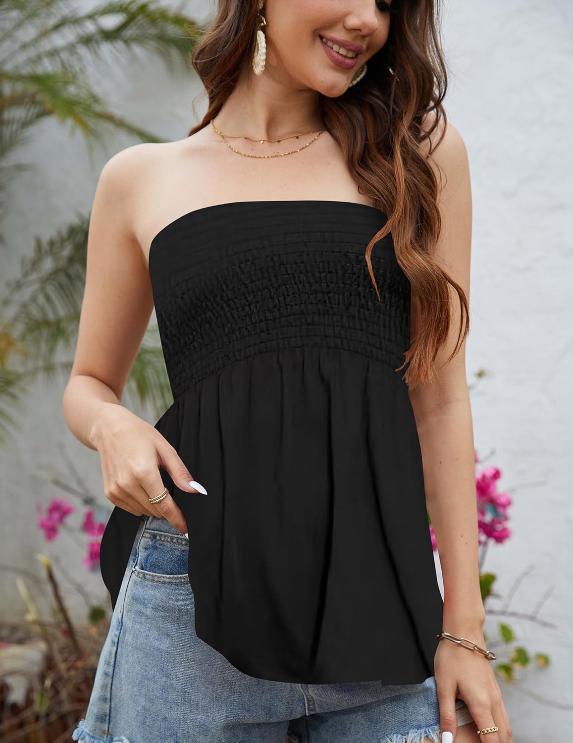 Womens Smocked Strapless Bandeau Tank Tops Floral Tube Tops Backless Bandeau Tunic Tops Sleeveless Shirts - Image 2