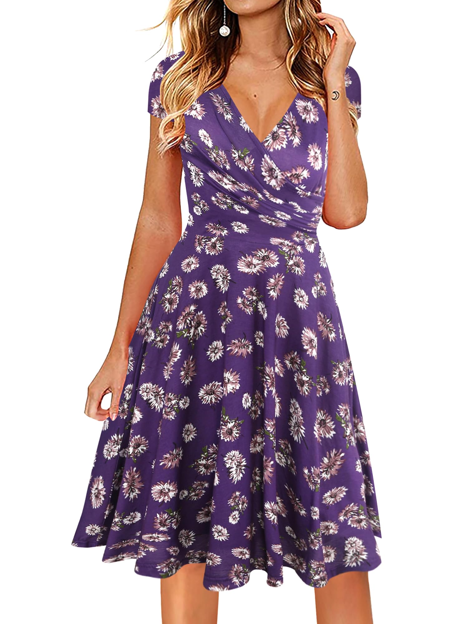 oxiuly Women's Casual Dresses Criss-Cross V-Neck Floral Flare Midi Summer Dress OX233, Purple Floral, XXL