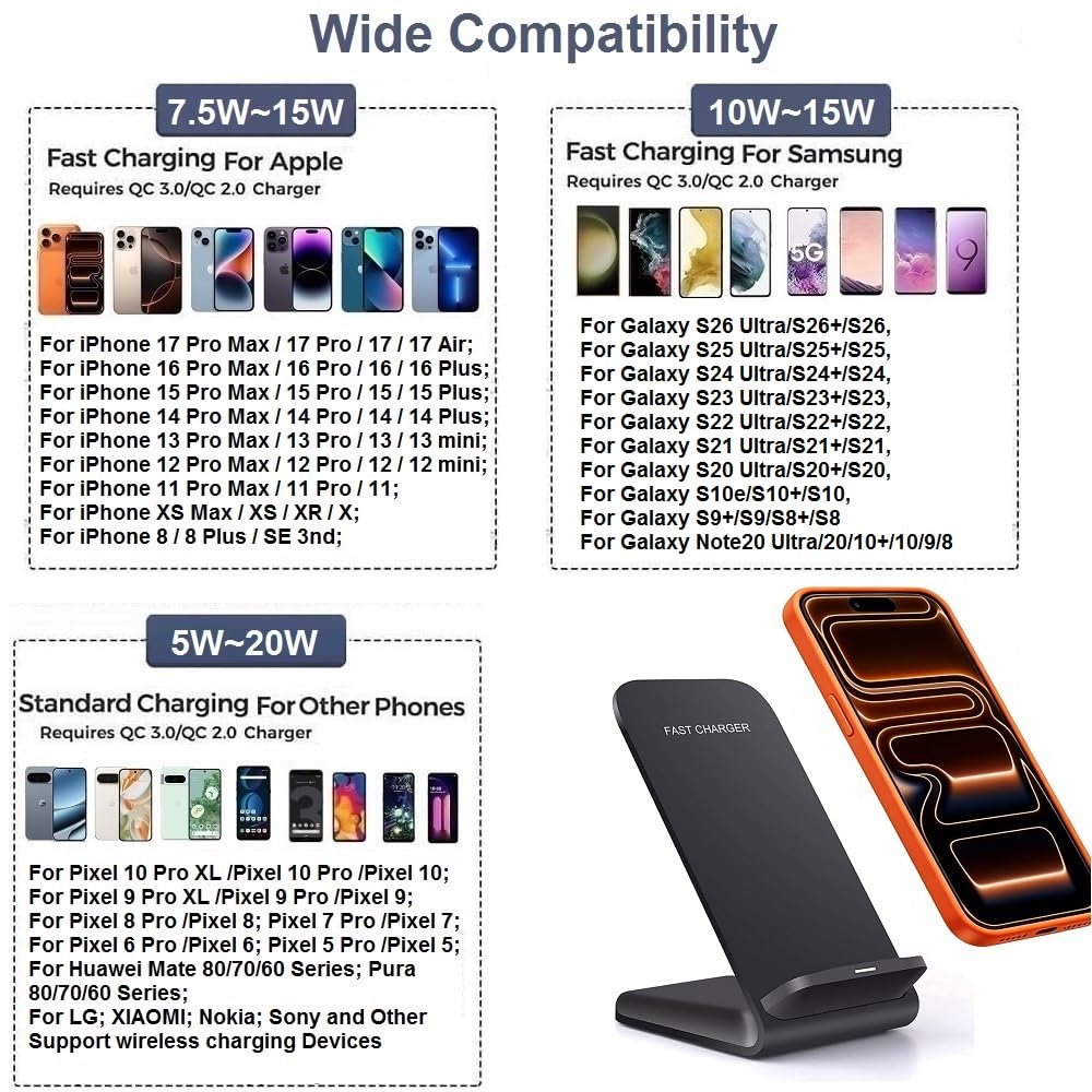 Caricatore a induzione, caricatore senza fili rapido da 20 W, stazione di ricarica per iPhone 17 Pro Max/16 Pro/15/14 Plus/13/12/11/XR/XS,Samsung Galaxy S25/S24/S23/S22/S21/S20,Note20/10, nero con