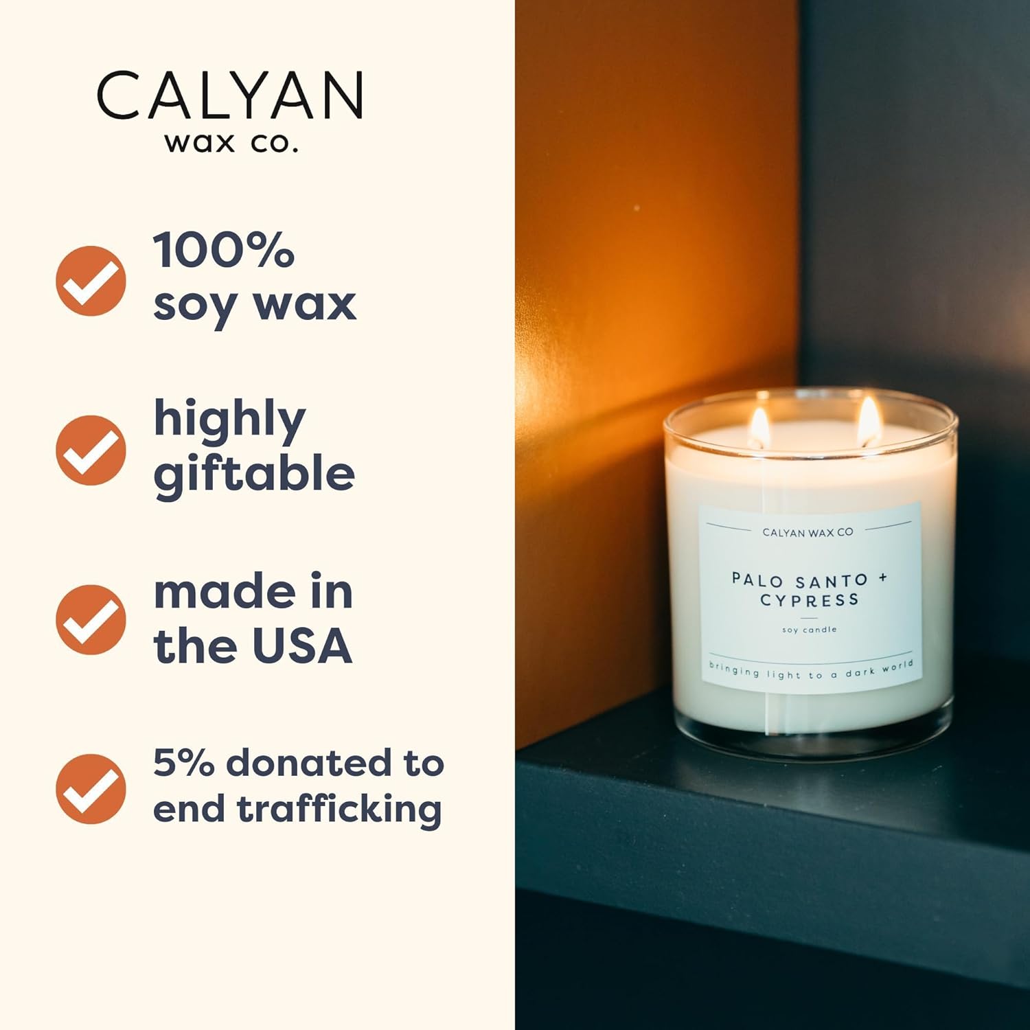 Calyan Wax Co. Palo Santo & Cypress 2 Wick Scented Candle - 37 Hour Burn - Luxury Non Toxic Soy Wax Candles - Long Lasting Large Glass Jar Candle for Home - 8.8oz - Image 3