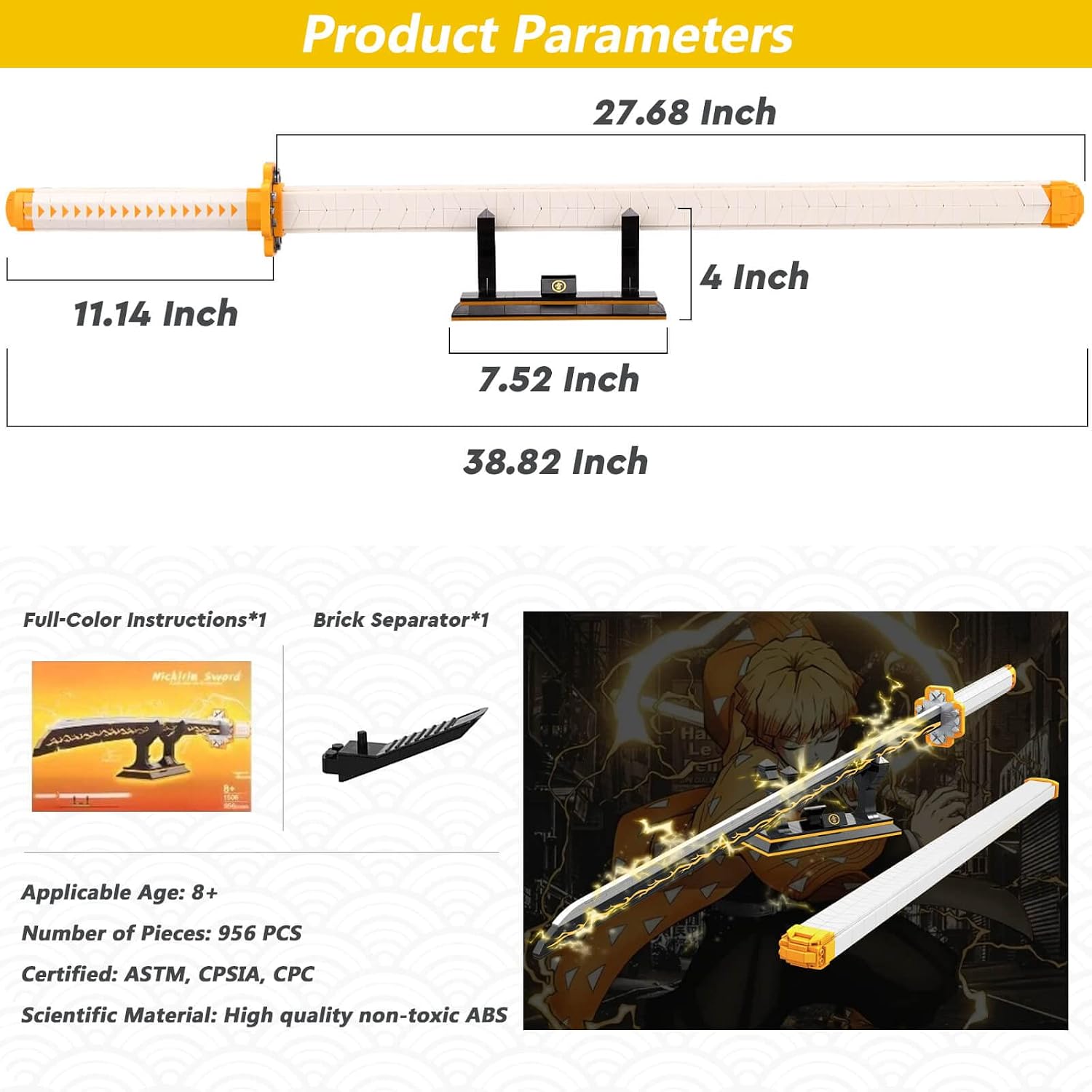 HIGH GODO Zenitsu Sword Building Set, 38.8in Demon Slayer Sword Set with Scabbard and Stand, Cosplay Anime Samurai Sword, Handmade Katana Toy Sword for Adults and Kids 8+ (956 Pieces)