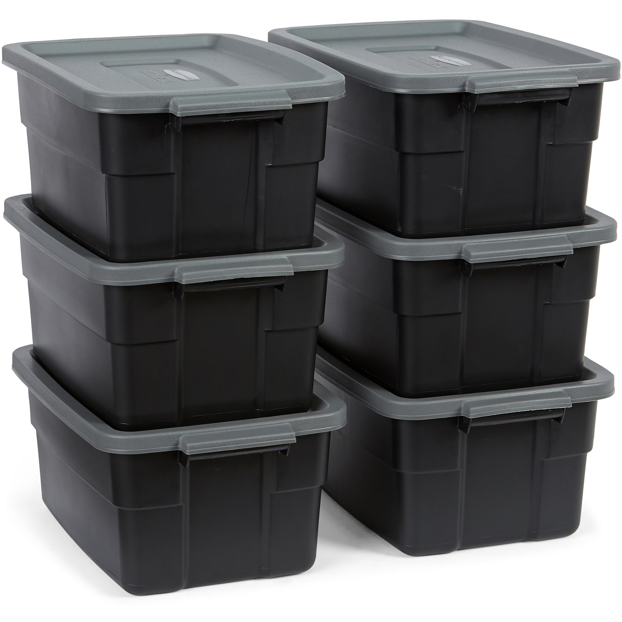 Rubbermaid6-Pack Heavy Duty Durable 3 GAL Totes for Storage with Snap Lids and Handles, Plastic Storage Bins Stackable Black Gray for Home and Garage (3 GAL - 6 Pack Solid Black and Grey)