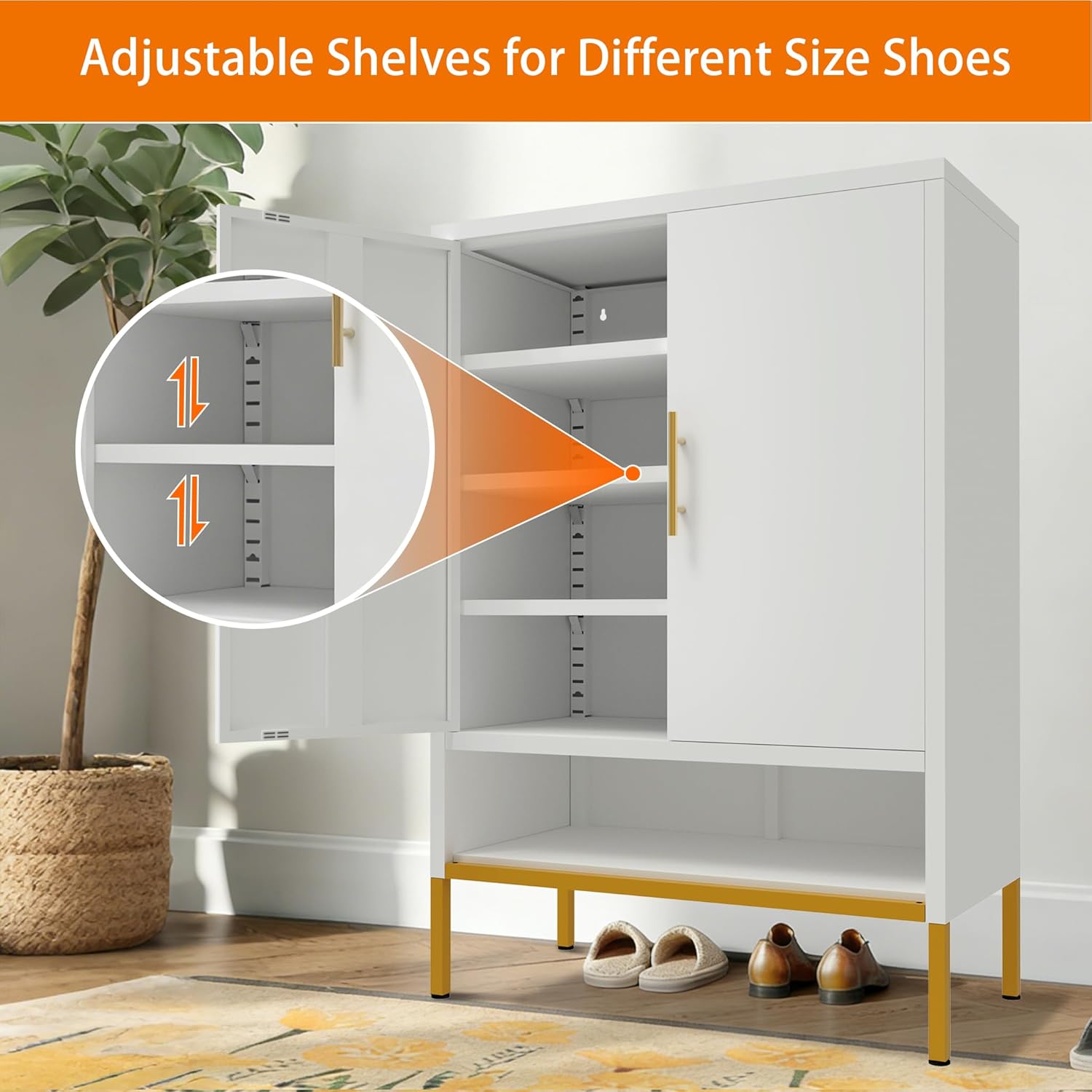 40'' Tall Modern Shoe Cabinet with 2 Doors, Metal 6-Tier Hidden Shoe Organizer, Narrow Shoe Storage Cabinet with Adjustable Shelves for Entryway, Hallway, Living Room, White